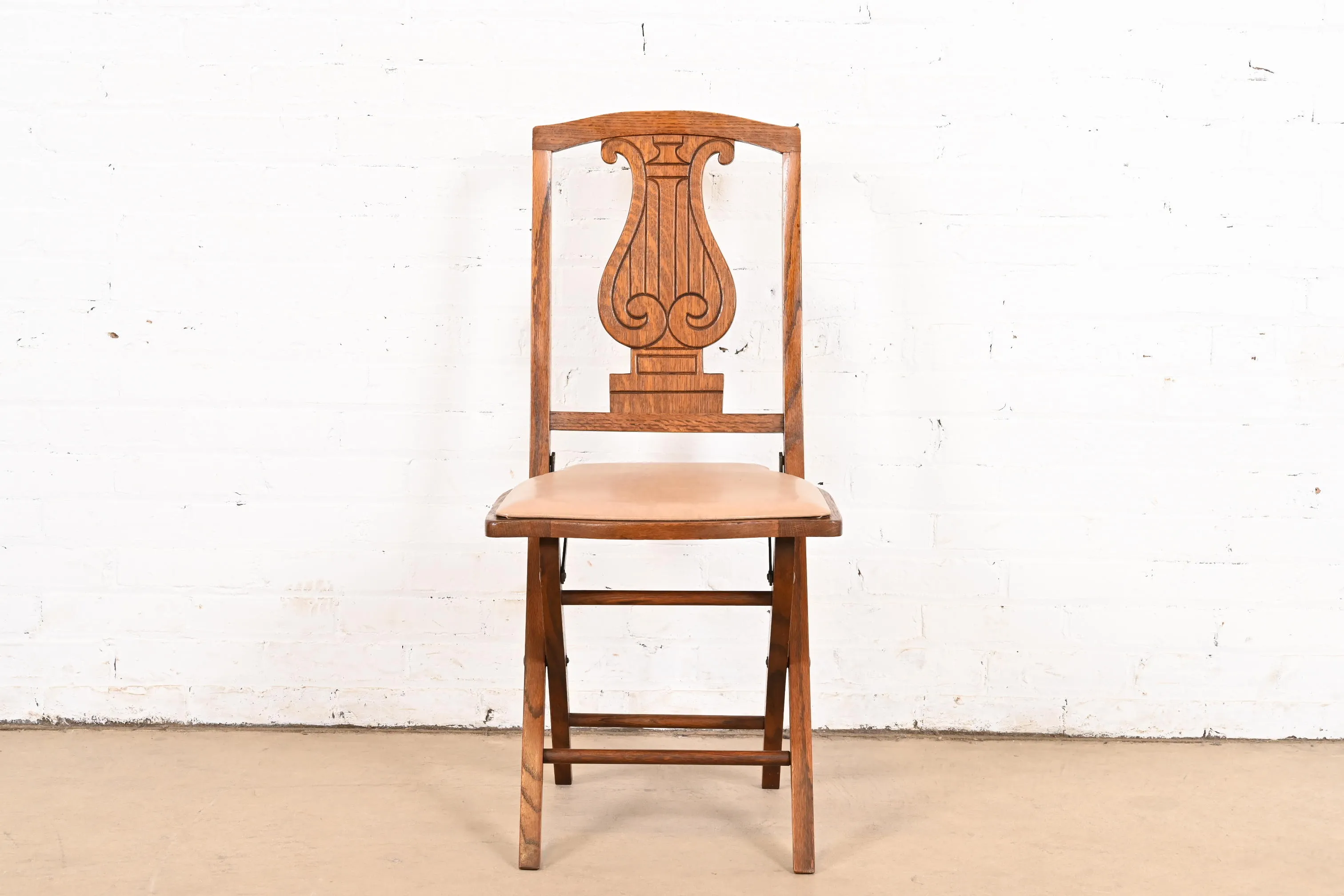 Antique Arts & Crafts Carved Oak Lyre Back Folding Chair by Phoenix Chair Co., Circa 1920s - Image 3