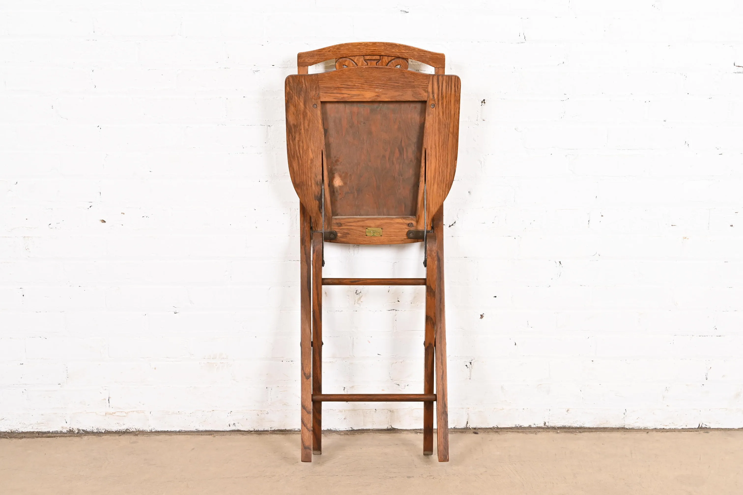 Antique Arts & Crafts Carved Oak Lyre Back Folding Chair by Phoenix Chair Co., Circa 1920s - Image 9