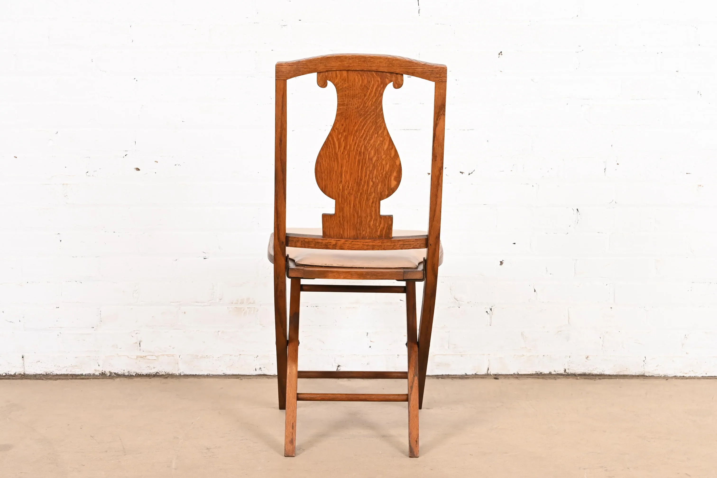 Antique Arts & Crafts Carved Oak Lyre Back Folding Chair by Phoenix Chair Co., Circa 1920s - Image 8