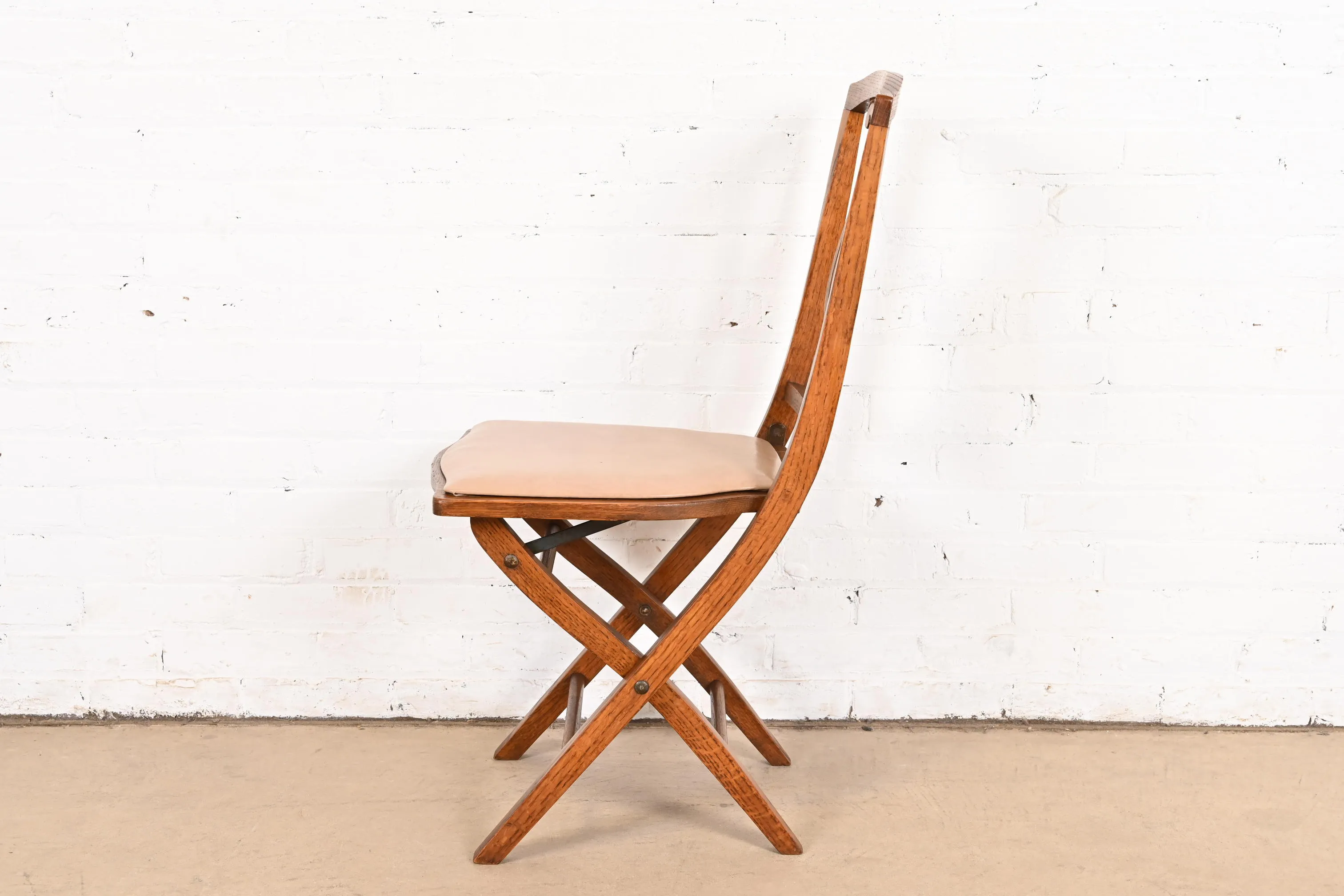 Antique Arts & Crafts Carved Oak Lyre Back Folding Chair by Phoenix Chair Co., Circa 1920s - Image 7