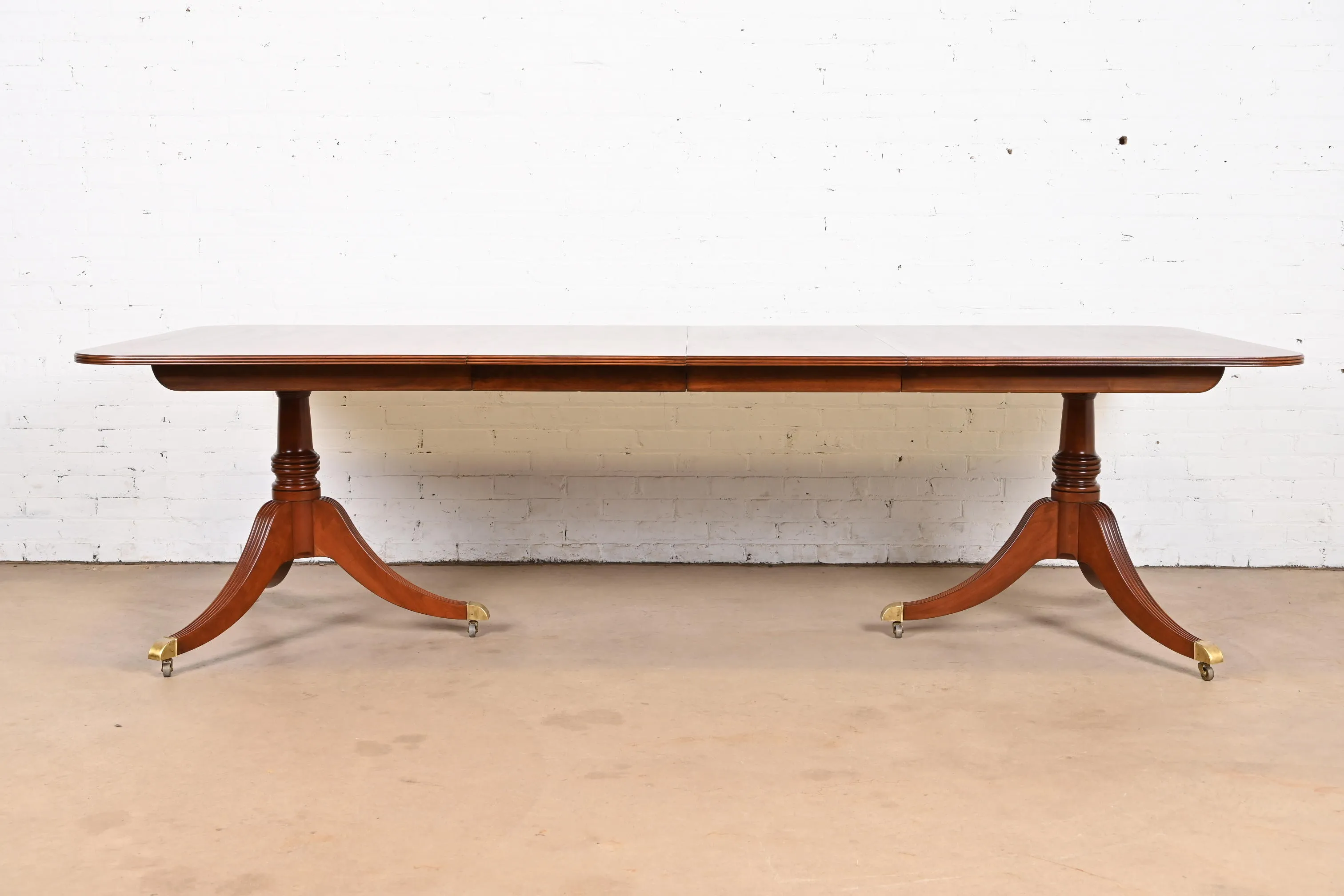 Baker Furniture Georgian Banded Mahogany Double Pedestal Extension Dining Table, Newly Refinished - Image 3