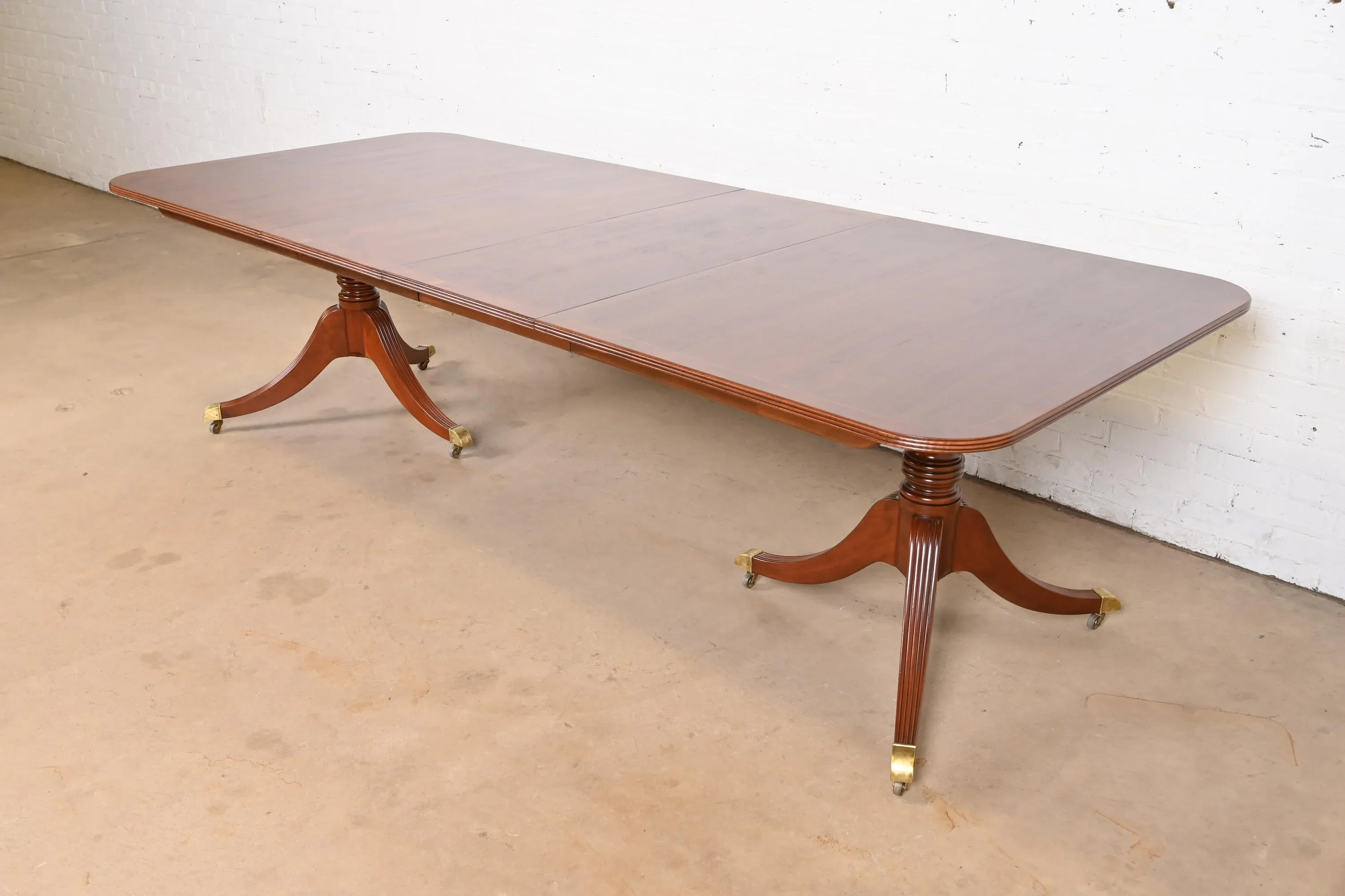 Baker Furniture Georgian Banded Mahogany Double Pedestal Extension Dining Table, Newly Refinished
