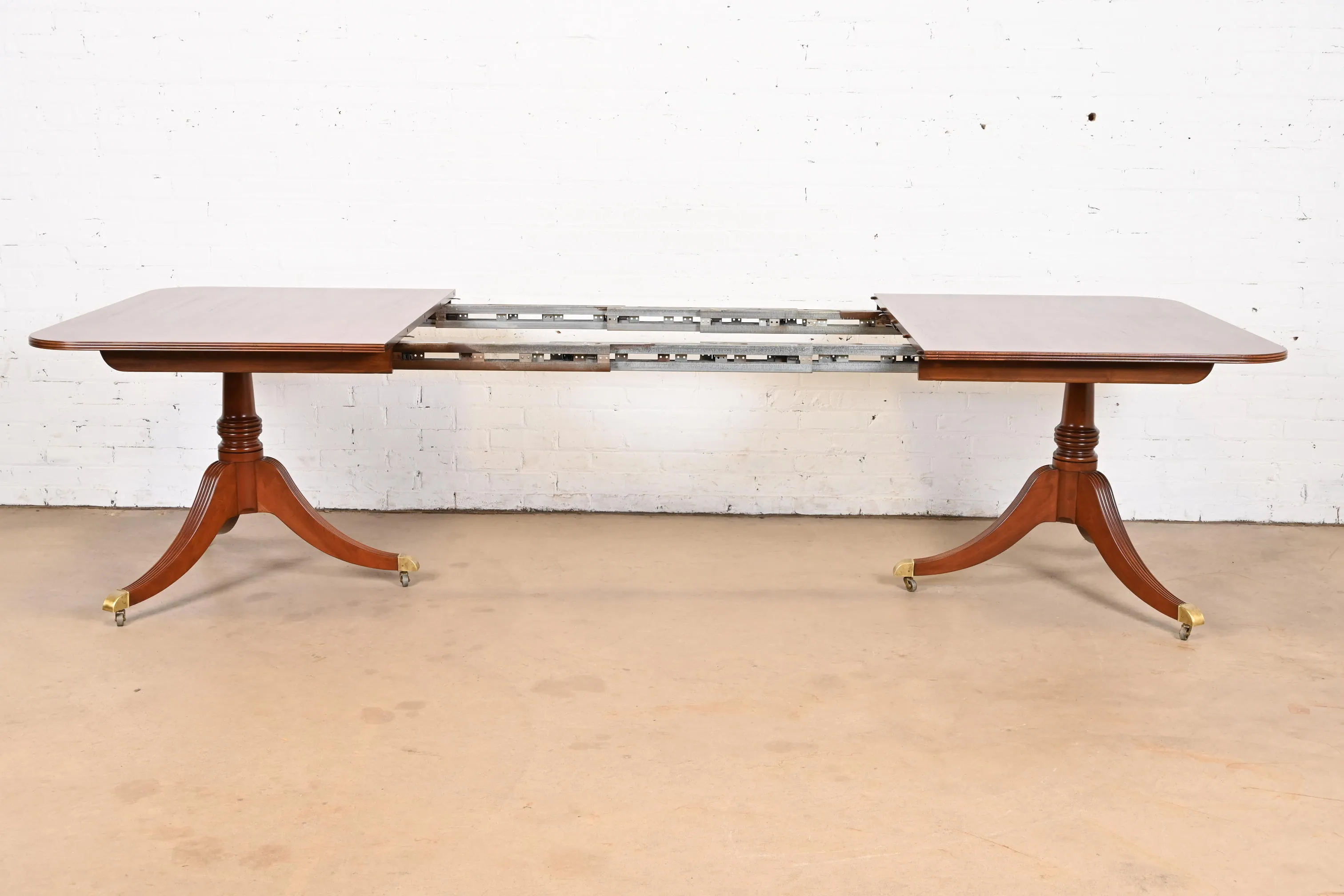 Baker Furniture Georgian Banded Mahogany Double Pedestal Extension Dining Table, Newly Refinished - Image 5