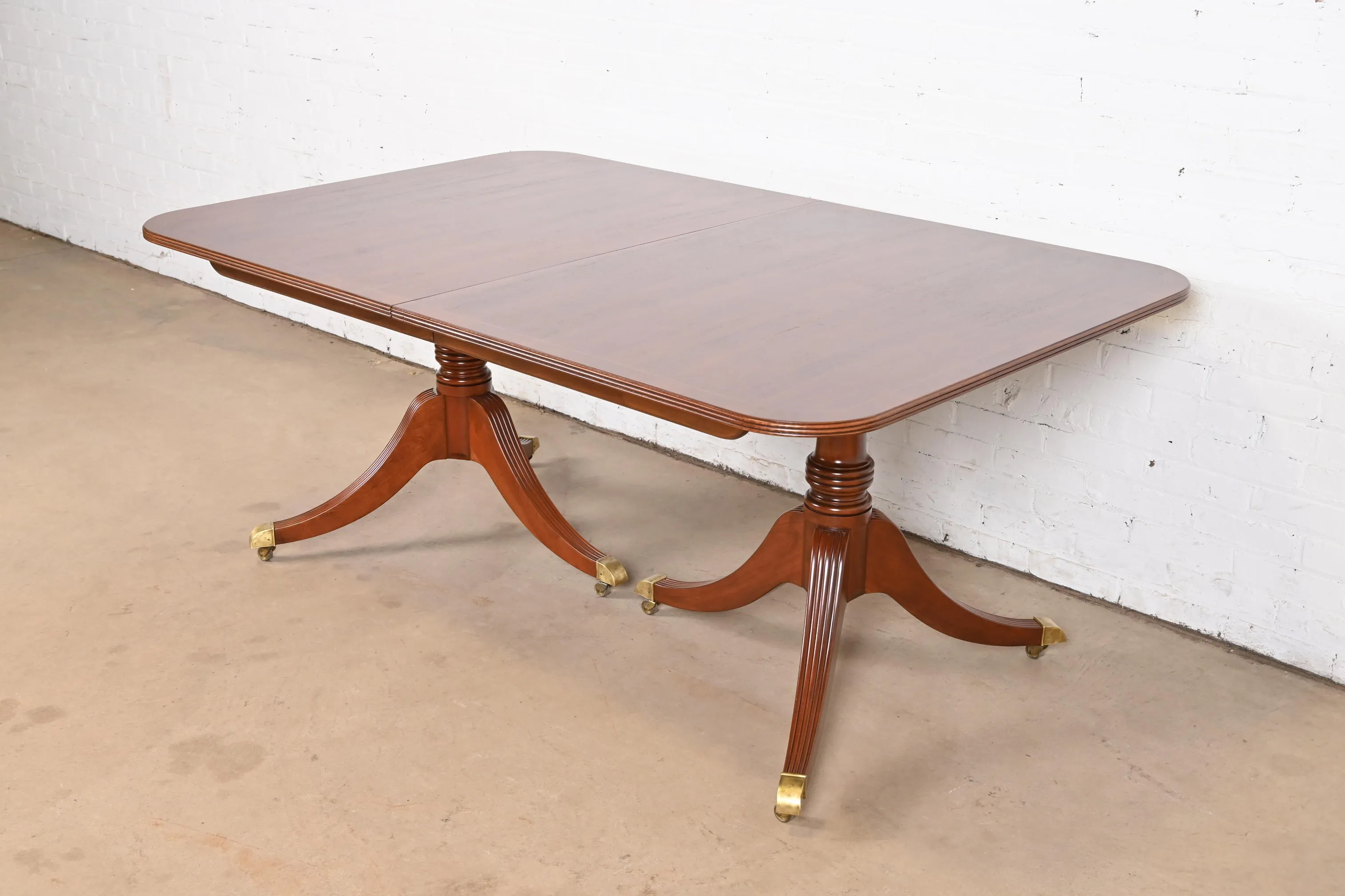 Baker Furniture Georgian Banded Mahogany Double Pedestal Extension Dining Table, Newly Refinished - Image 7