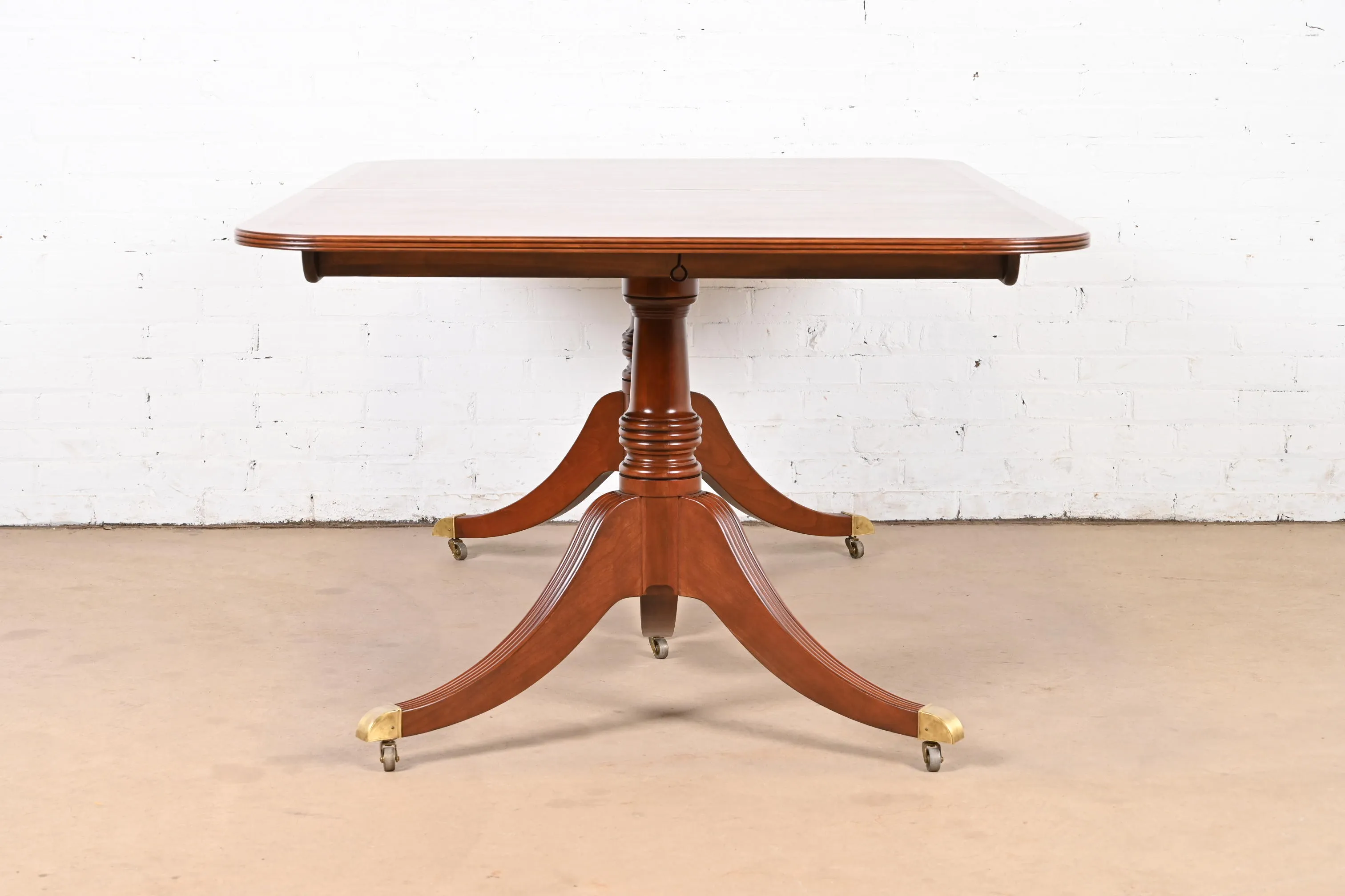 Baker Furniture Georgian Banded Mahogany Double Pedestal Extension Dining Table, Newly Refinished - Image 10