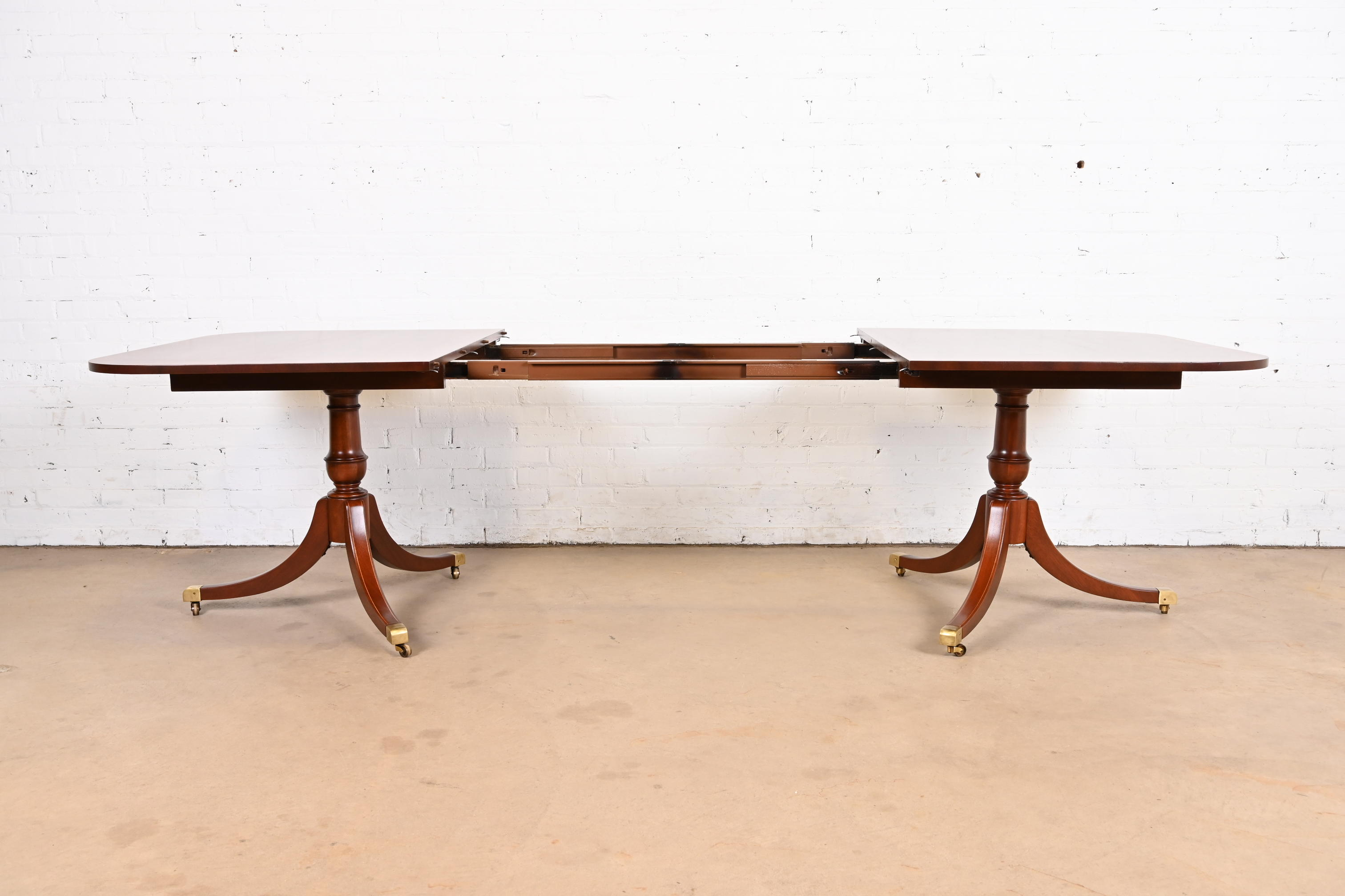 Baker Furniture Style Georgian Banded Mahogany Double Pedestal Extension Dining Table, Newly Refinished - Image 6