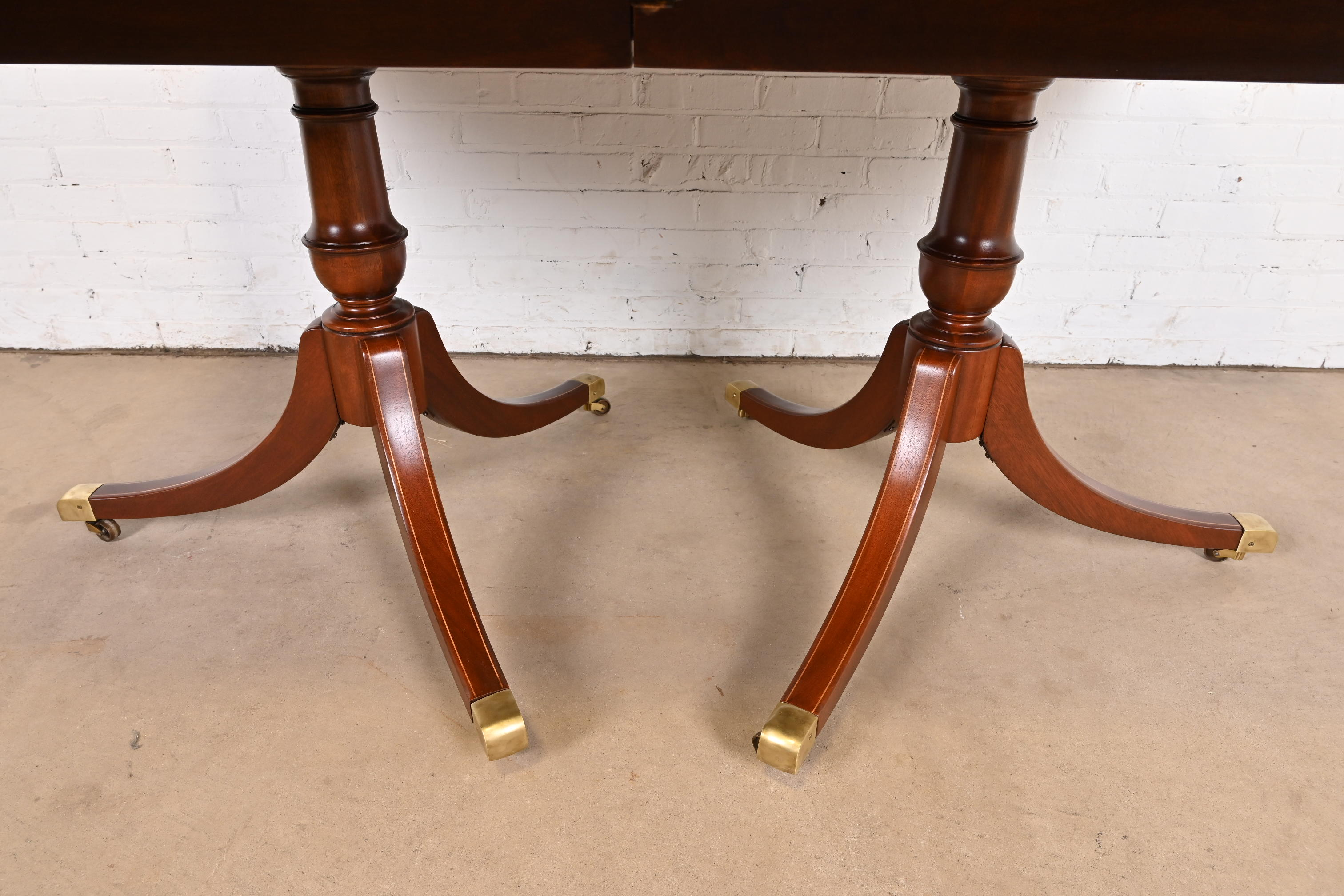 Baker Furniture Style Georgian Banded Mahogany Double Pedestal Extension Dining Table, Newly Refinished - Image 10