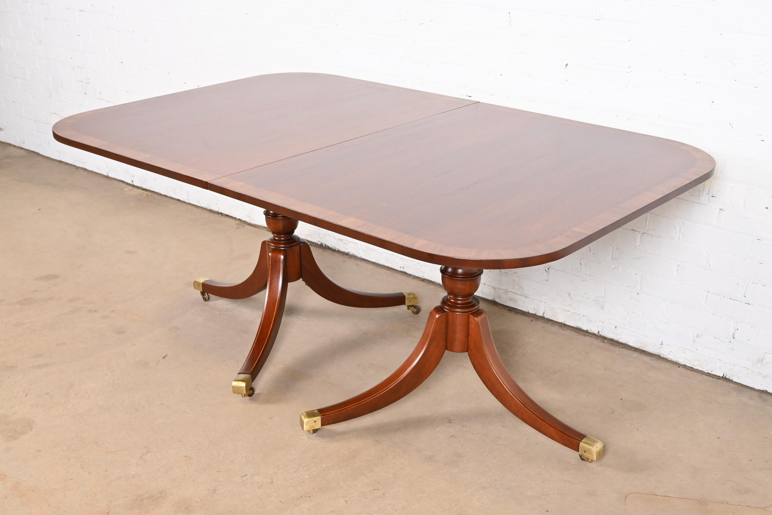 Baker Furniture Style Georgian Banded Mahogany Double Pedestal Extension Dining Table, Newly Refinished - Image 8