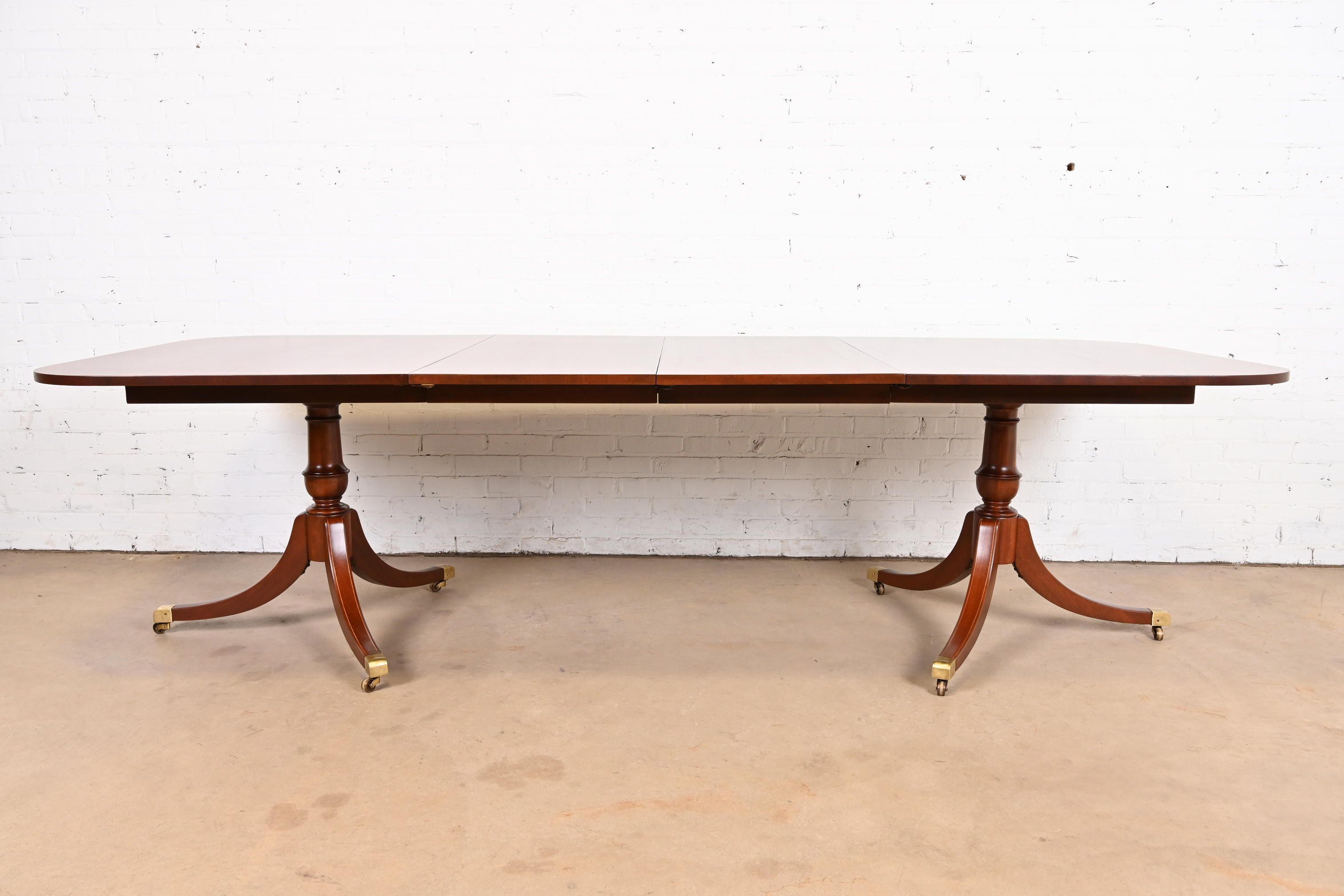 Baker Furniture Style Georgian Banded Mahogany Double Pedestal Extension Dining Table, Newly Refinished - Image 3
