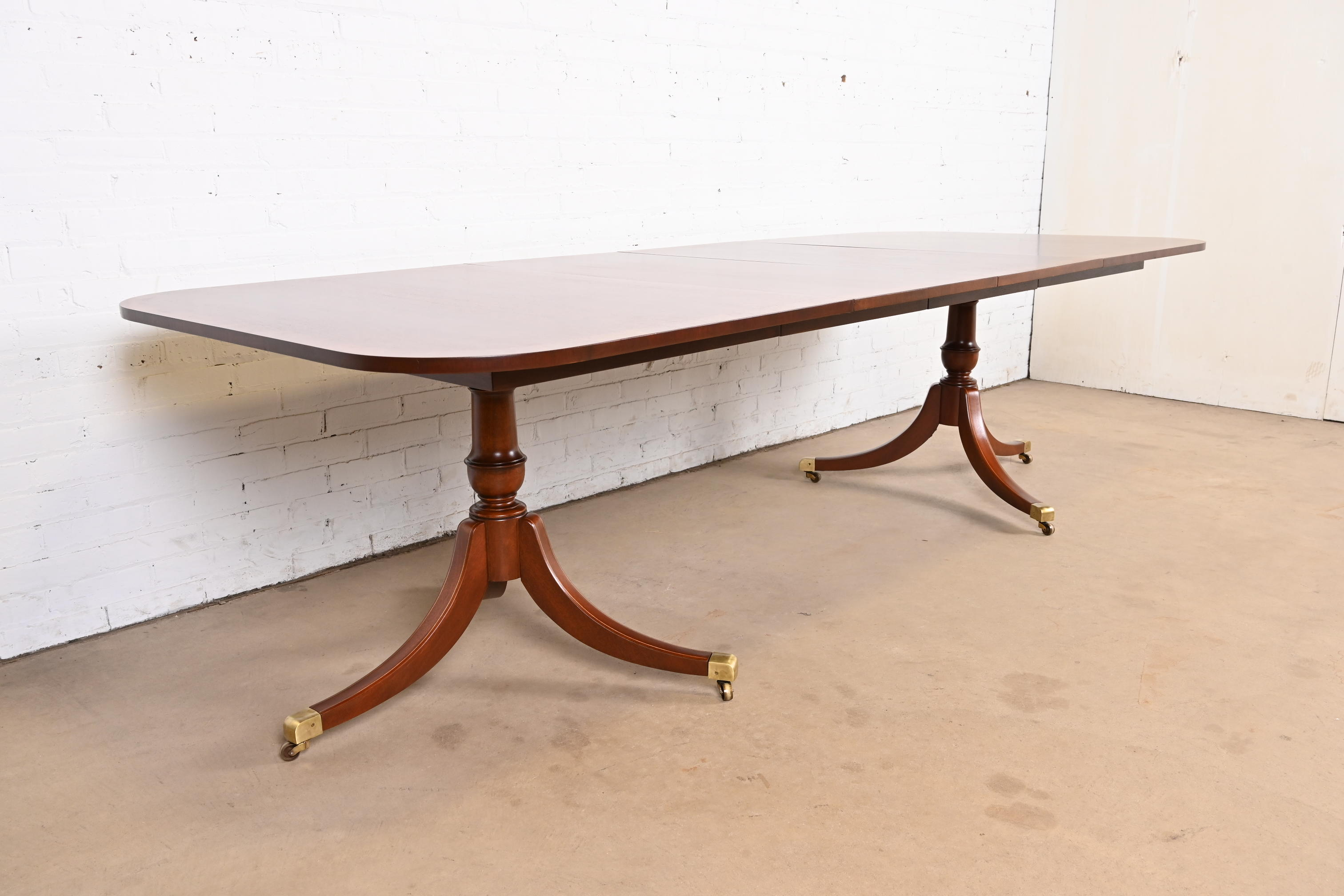 Baker Furniture Style Georgian Banded Mahogany Double Pedestal Extension Dining Table, Newly Refinished - Image 4