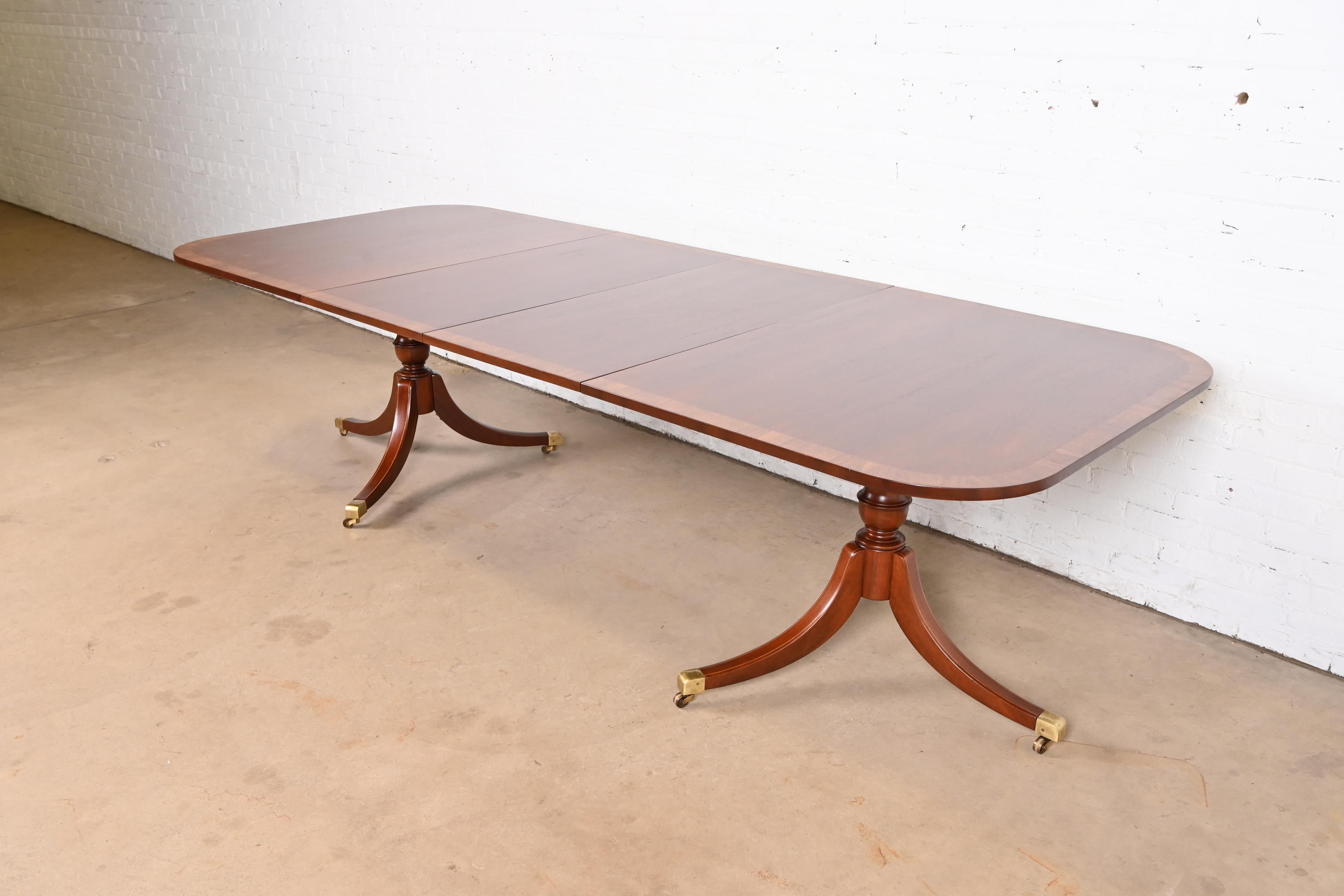 Baker Furniture Style Georgian Banded Mahogany Double Pedestal Extension Dining Table, Newly Refinished