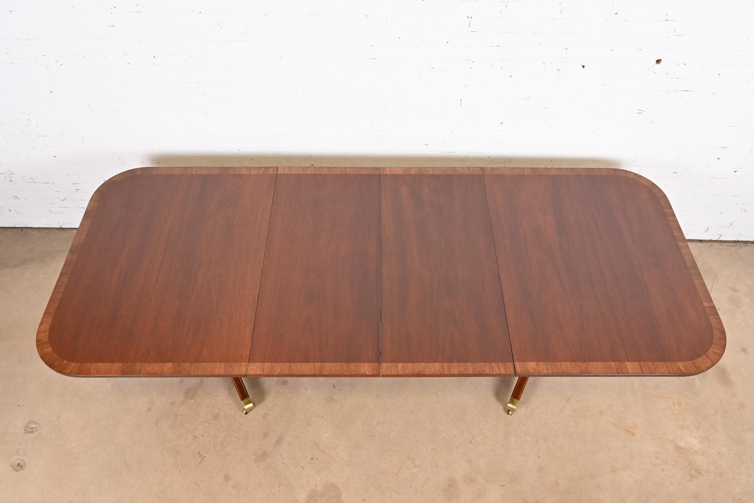 Baker Furniture Style Georgian Banded Mahogany Double Pedestal Extension Dining Table, Newly Refinished - Image 5