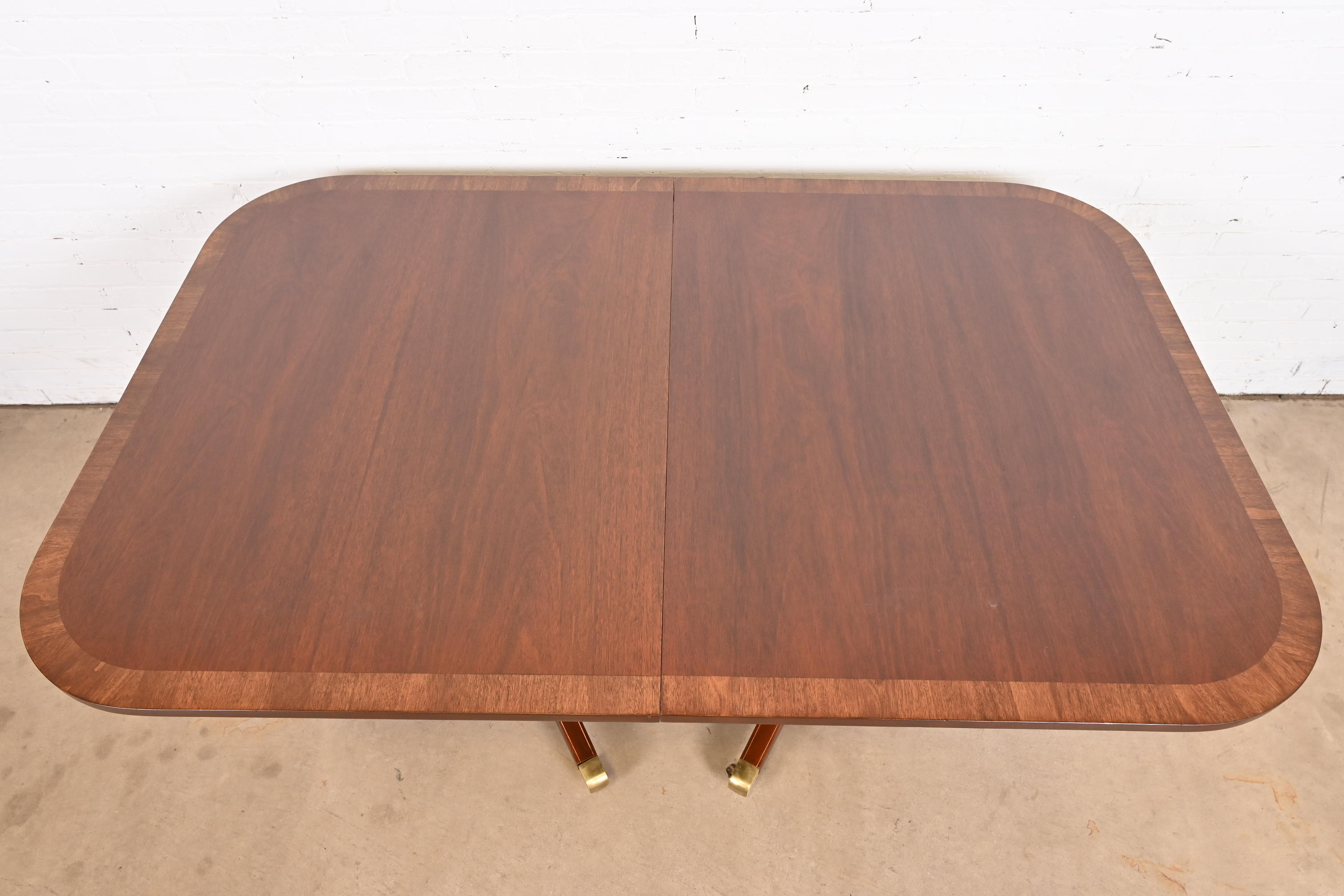 Baker Furniture Style Georgian Banded Mahogany Double Pedestal Extension Dining Table, Newly Refinished - Image 9