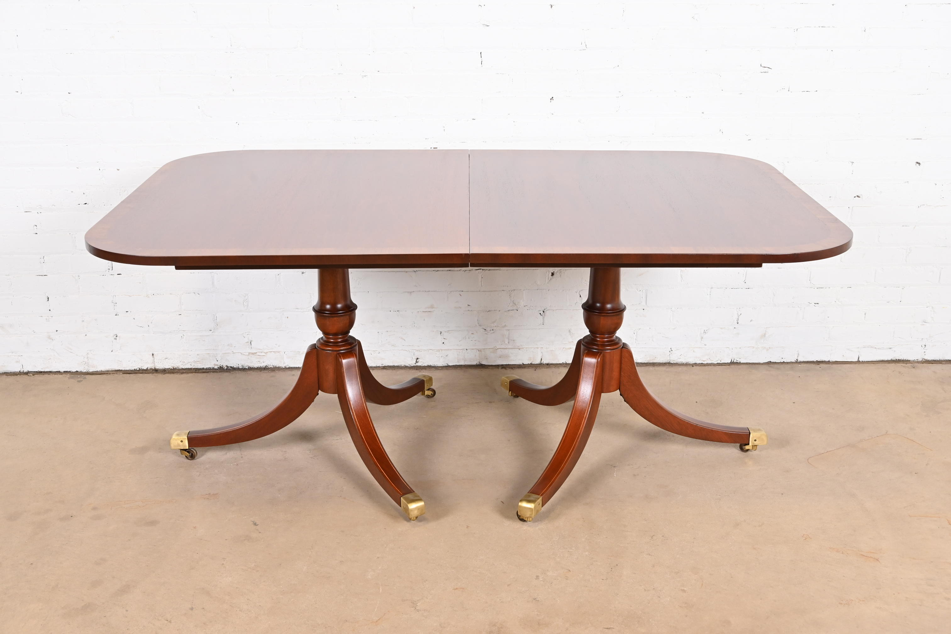 Baker Furniture Style Georgian Banded Mahogany Double Pedestal Extension Dining Table, Newly Refinished - Image 7