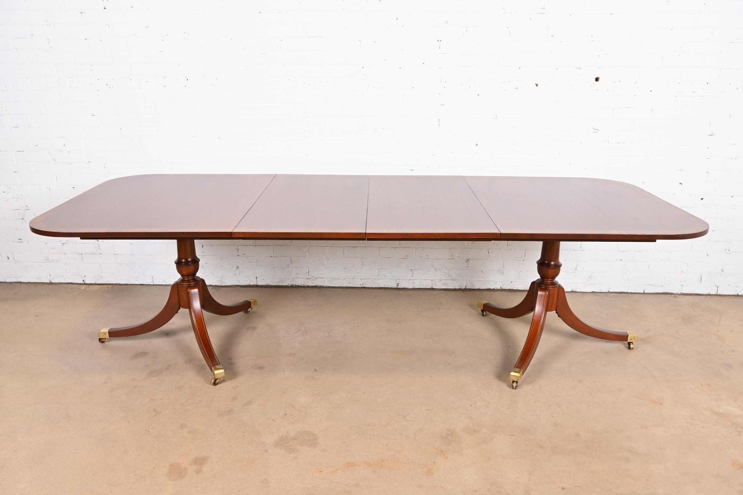 Baker Furniture Style Georgian Banded Mahogany Double Pedestal Extension Dining Table, Newly Refinished - Image 2