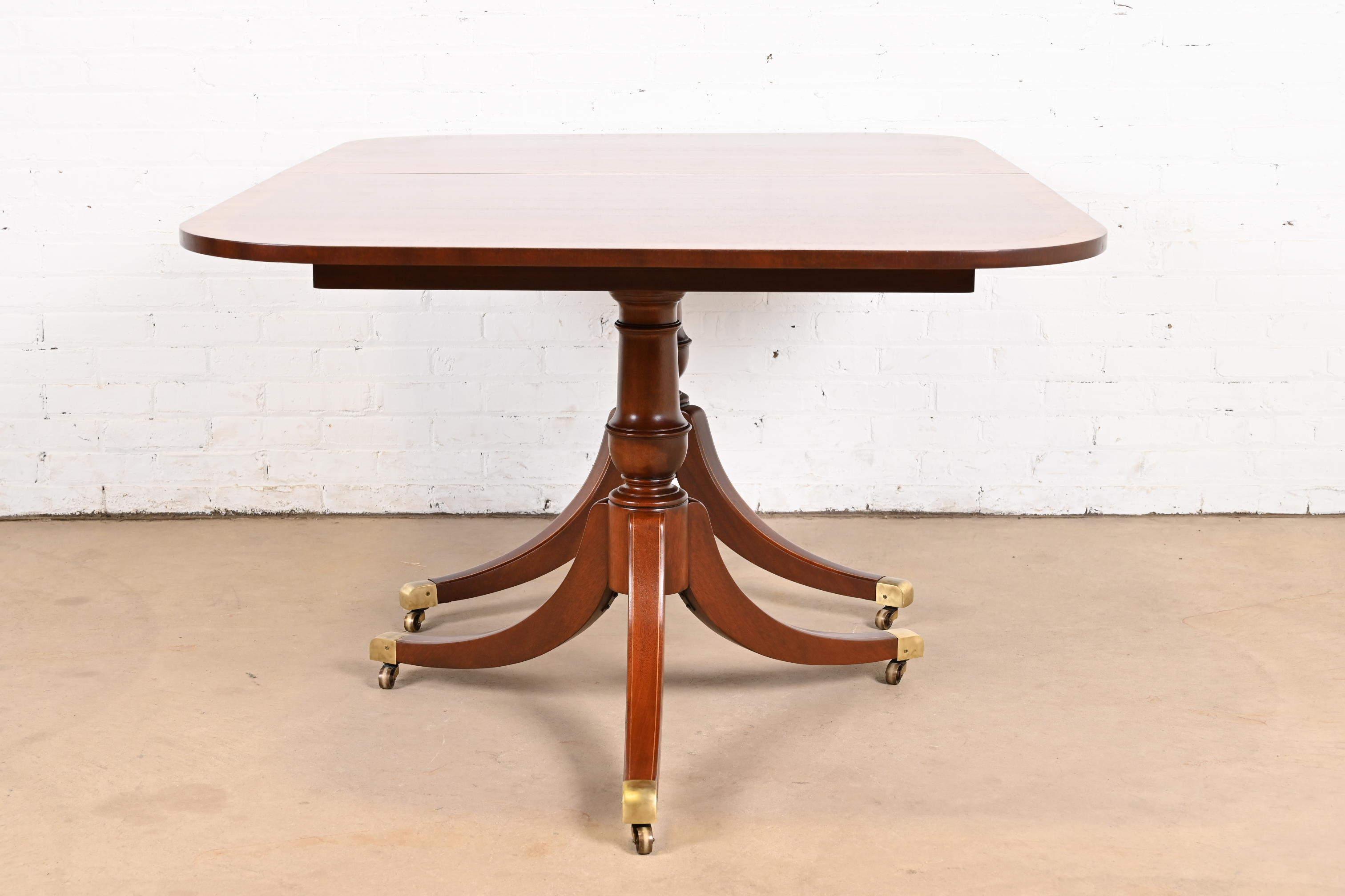 Baker Furniture Style Georgian Banded Mahogany Double Pedestal Extension Dining Table, Newly Refinished - Image 11