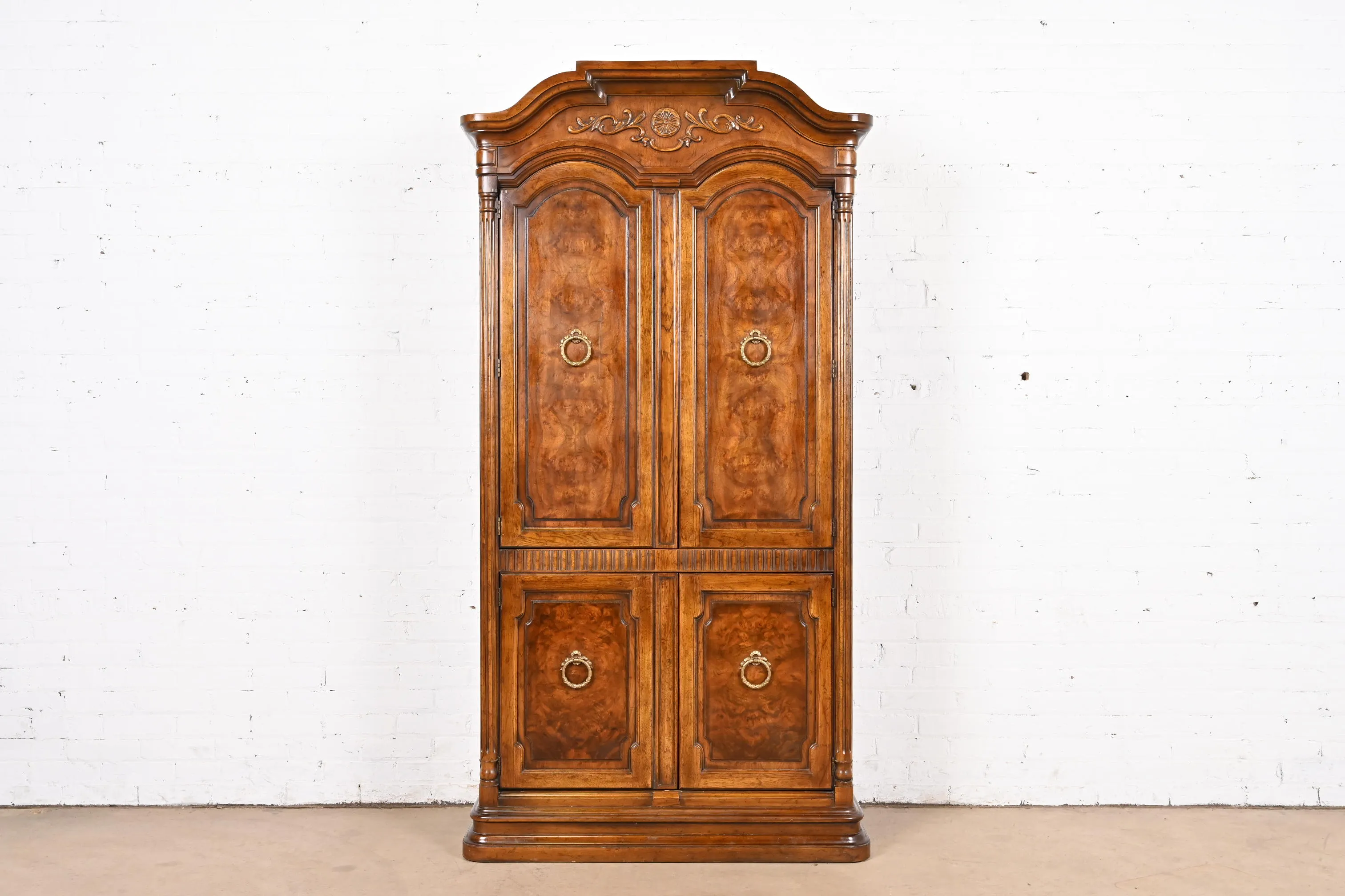 Drexel Heritage French Regency Louis XVI Carved Burled Walnut Armoire Dresser or Linen Press