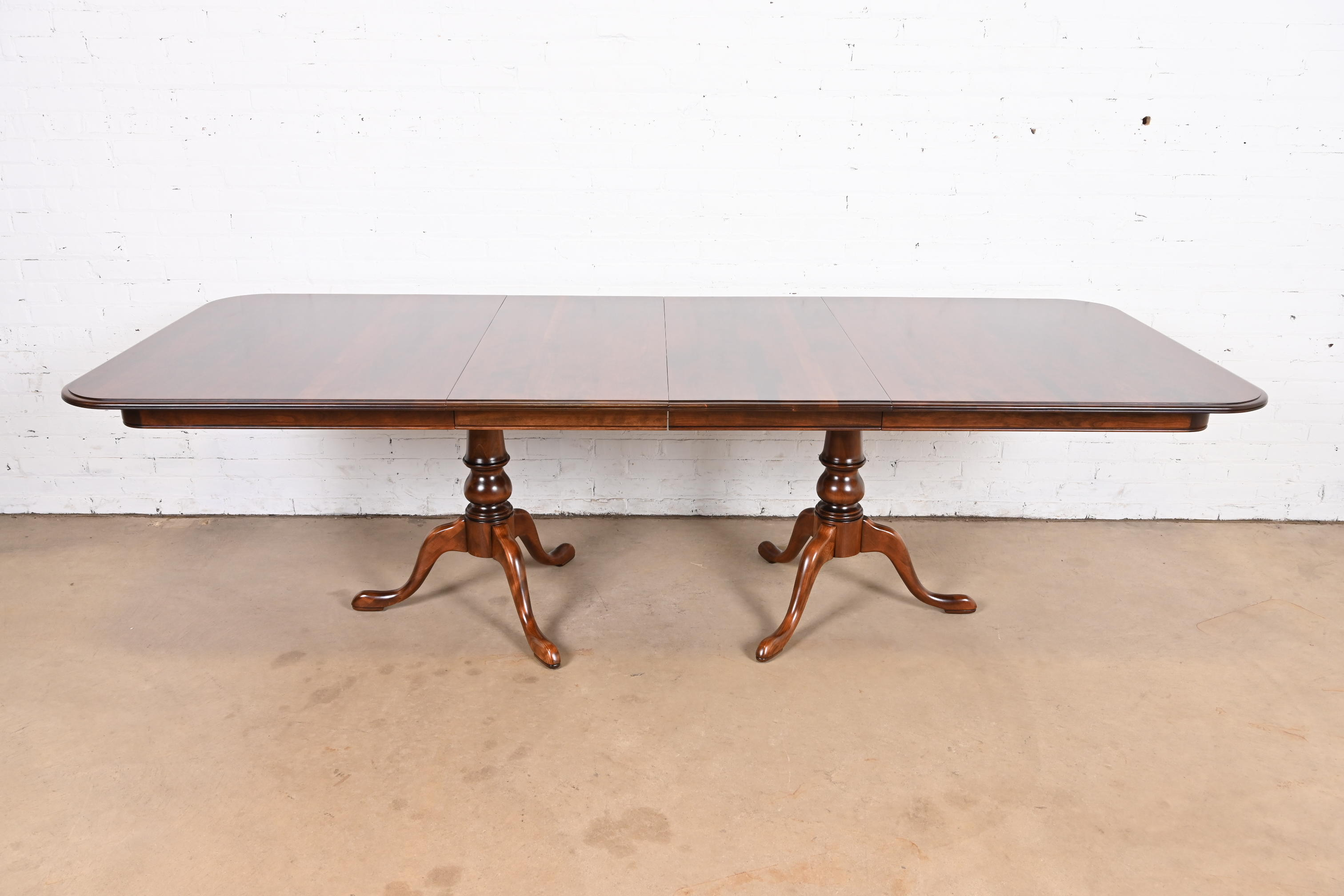 Ethan Allen Georgian Solid Cherry Wood Double Pedestal Extension Dining Table, Newly Refinished - Image 2