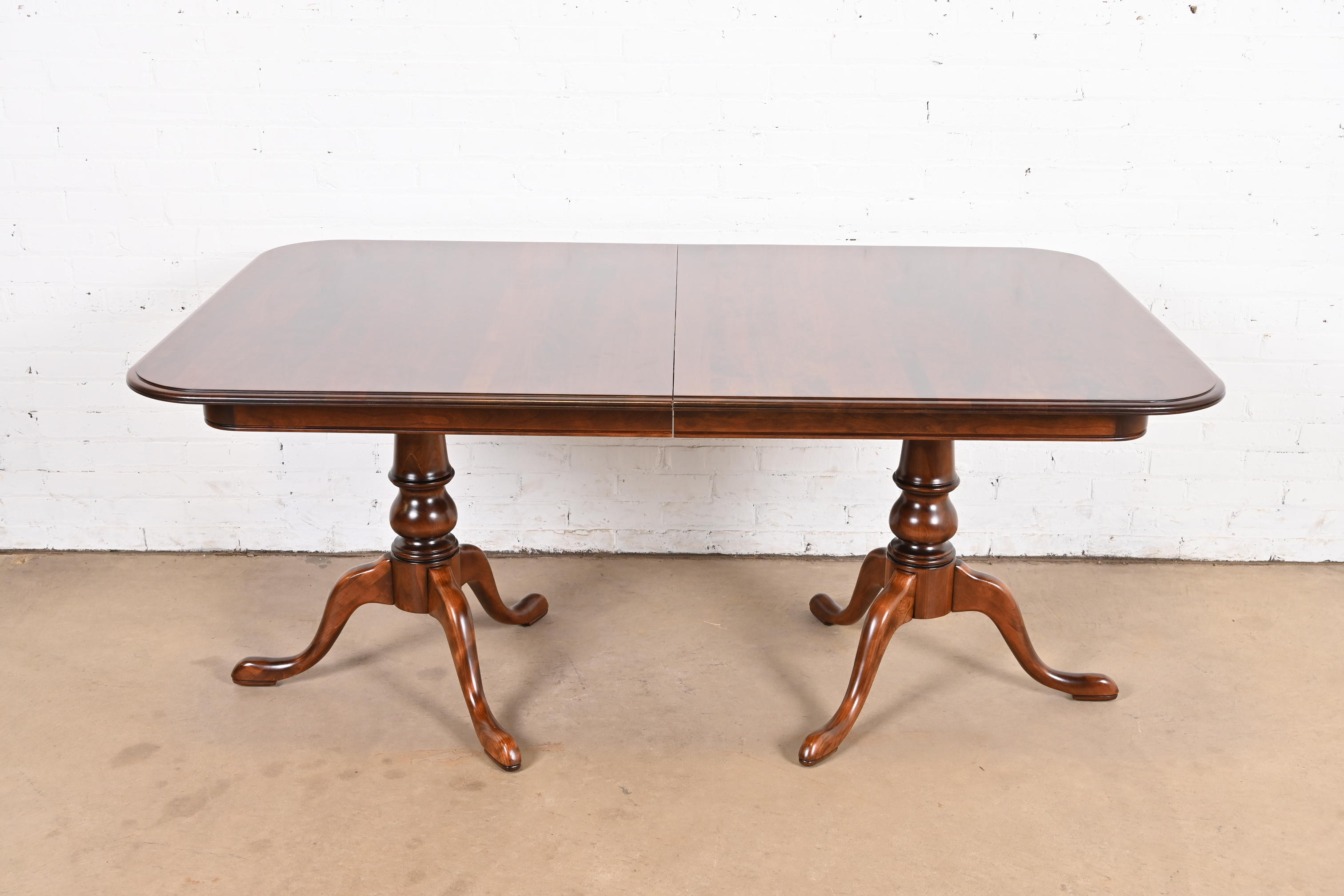 Ethan Allen Georgian Solid Cherry Wood Double Pedestal Extension Dining Table, Newly Refinished - Image 7