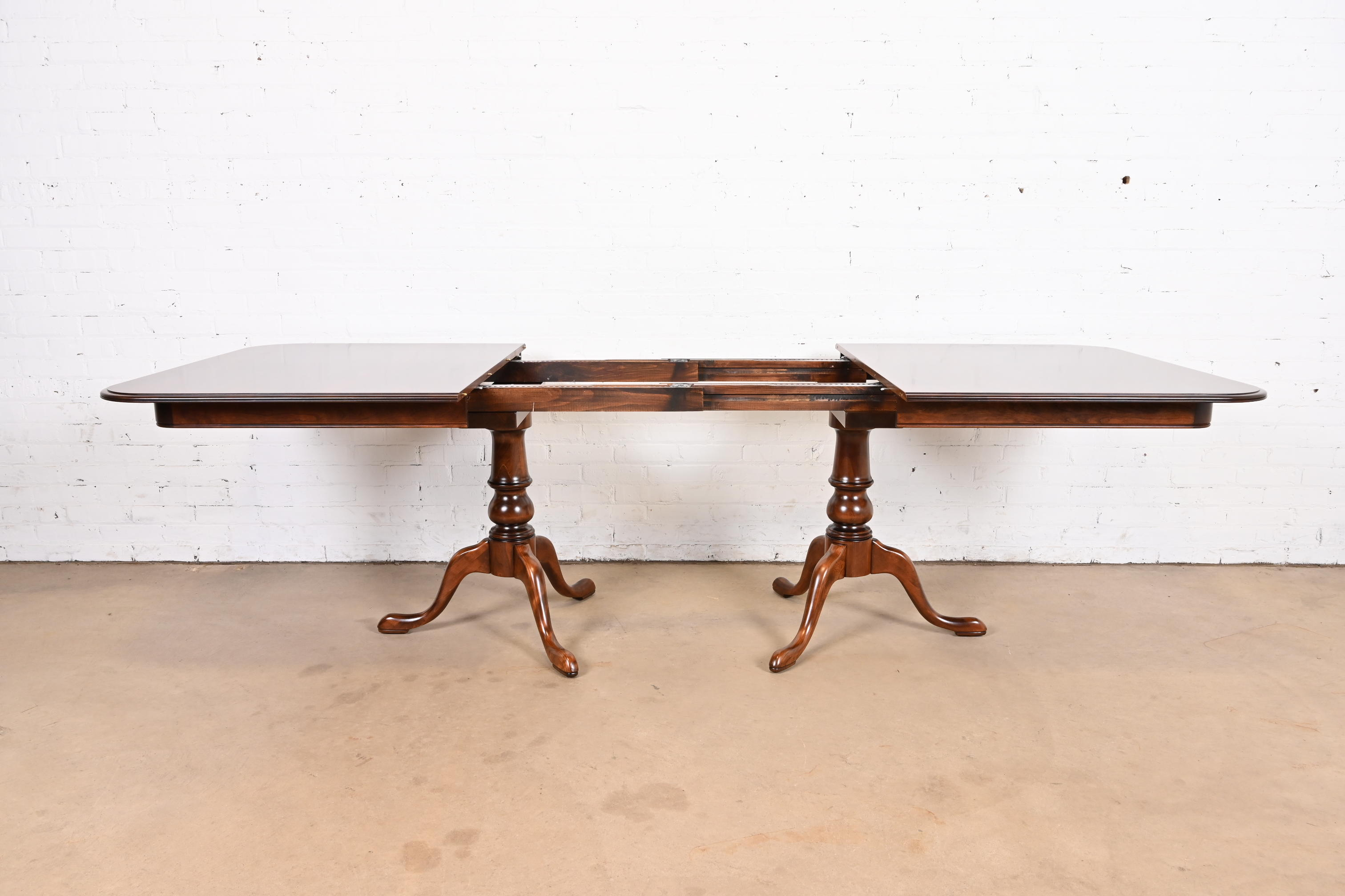 Ethan Allen Georgian Solid Cherry Wood Double Pedestal Extension Dining Table, Newly Refinished - Image 6