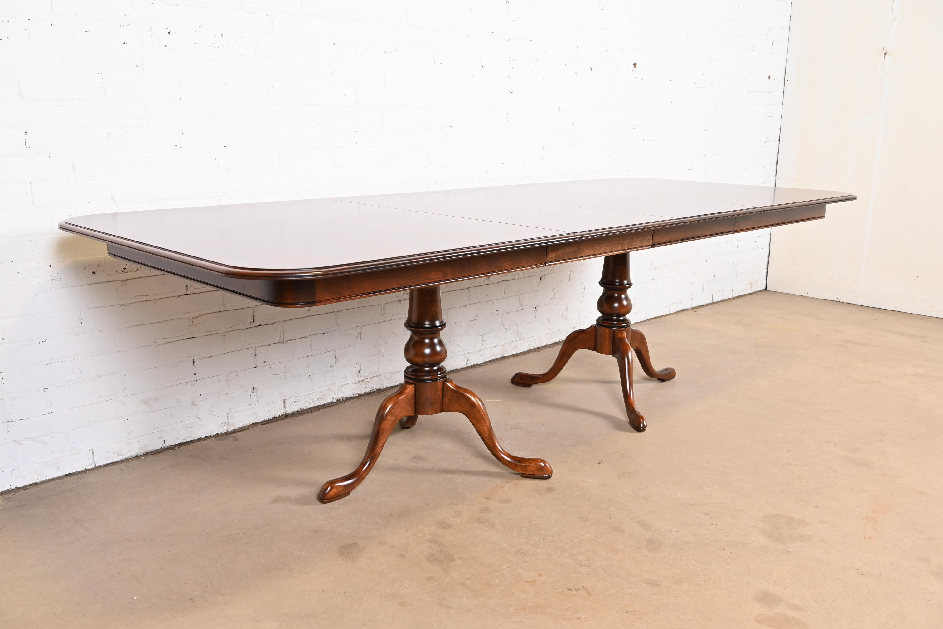 Ethan Allen Georgian Solid Cherry Wood Double Pedestal Extension Dining Table, Newly Refinished - Image 4