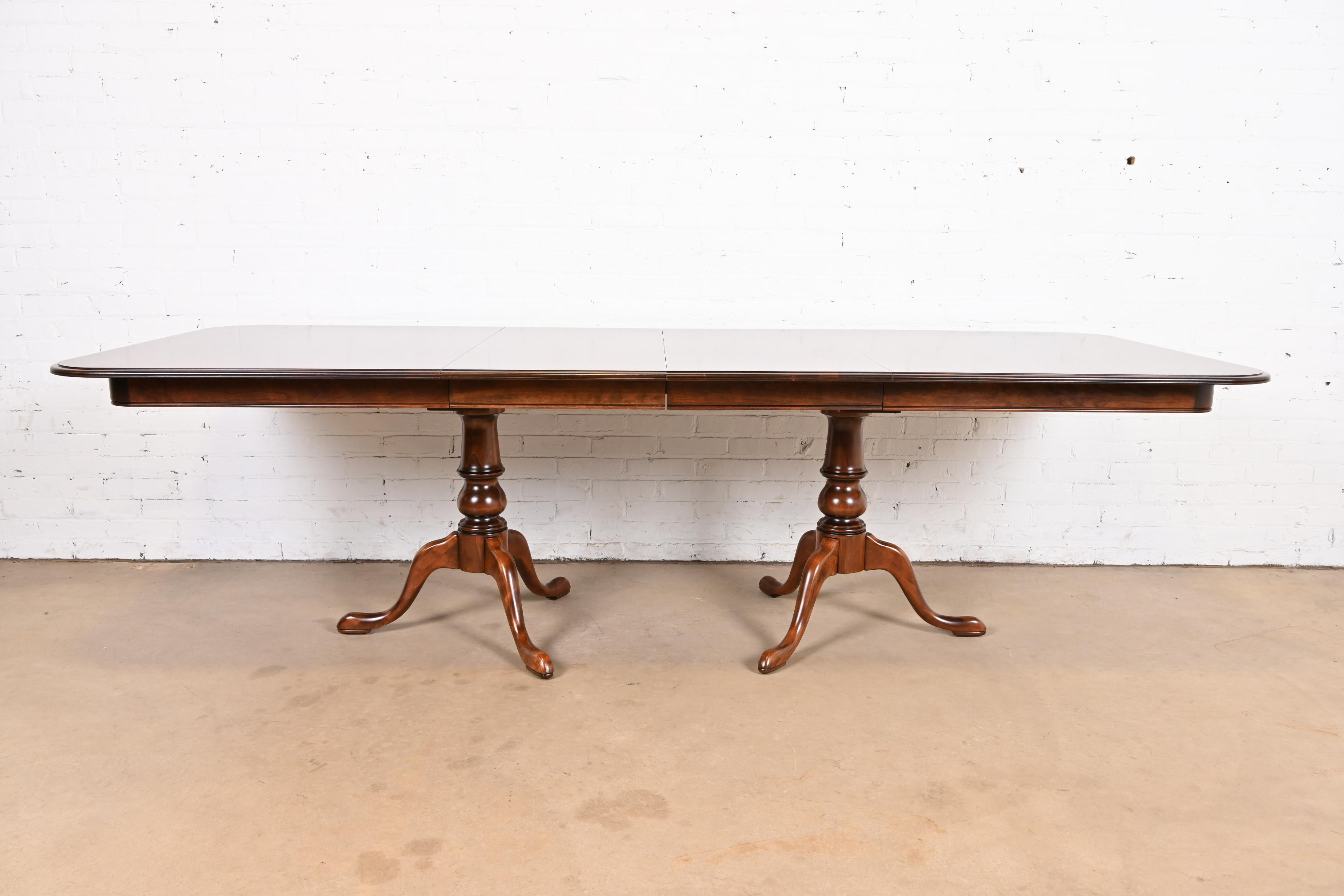 Ethan Allen Georgian Solid Cherry Wood Double Pedestal Extension Dining Table, Newly Refinished - Image 3
