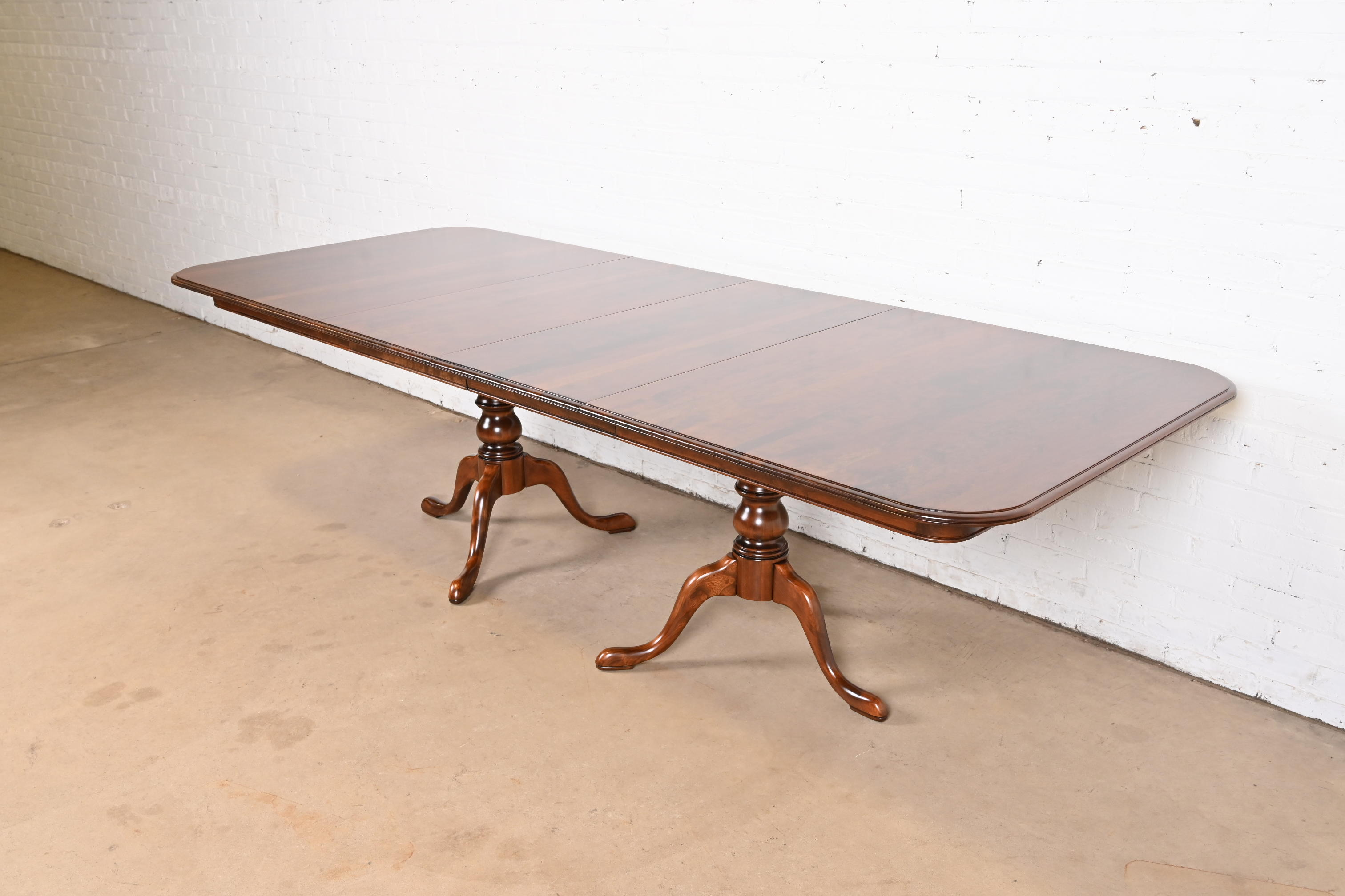 Ethan Allen Georgian Solid Cherry Wood Double Pedestal Extension Dining Table, Newly Refinished