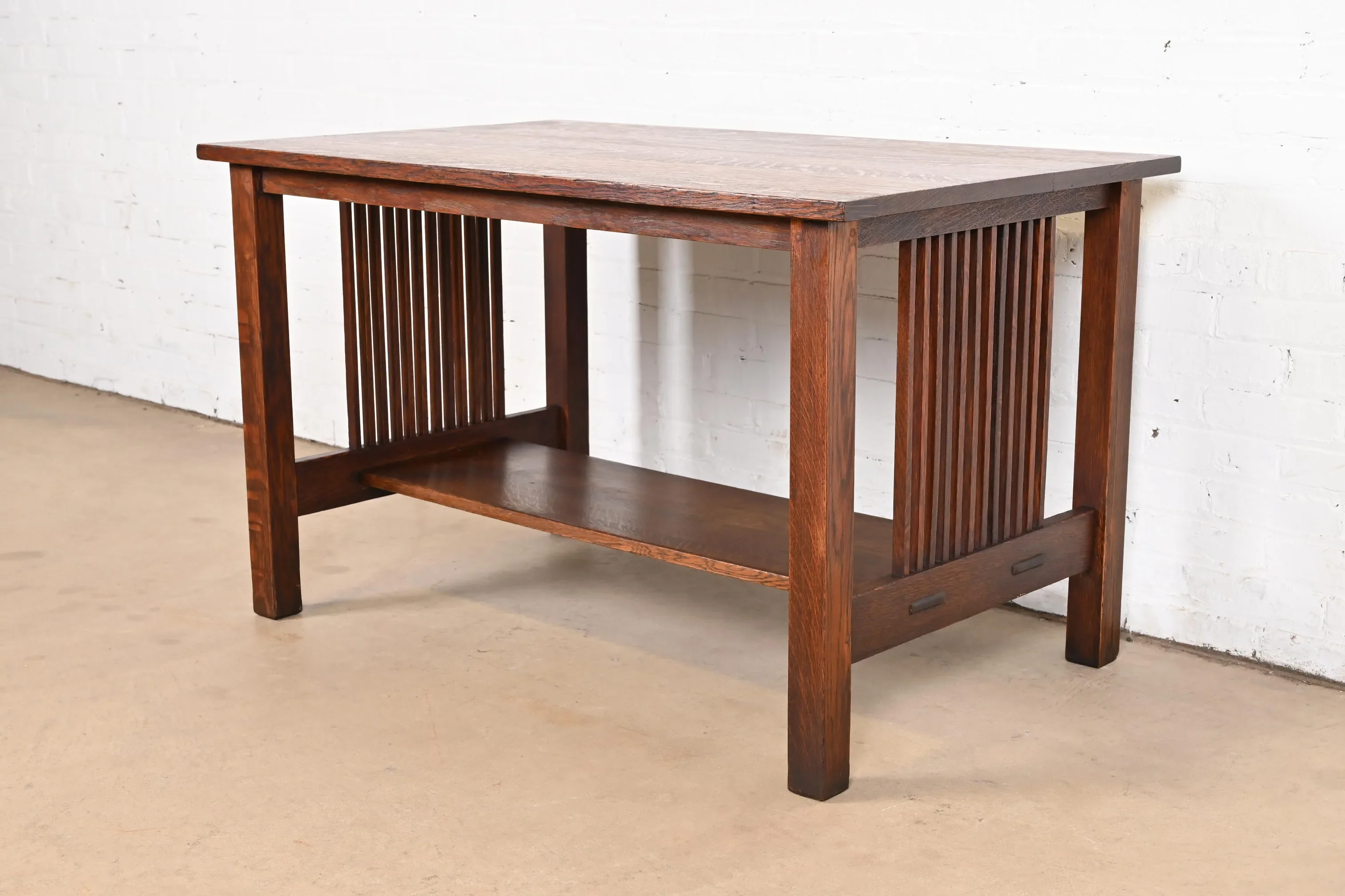 Gustav Stickley Mission Oak Arts & Crafts Spindle Writing Desk or Library Table, Circa 1900
