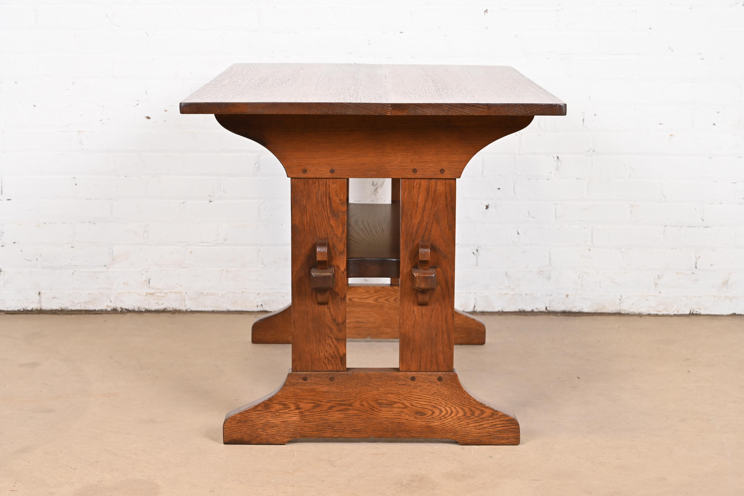 Gustav Stickley Mission Oak Arts & Crafts Trestle Library Table or Writing Desk, Newly Refinished - Image 9