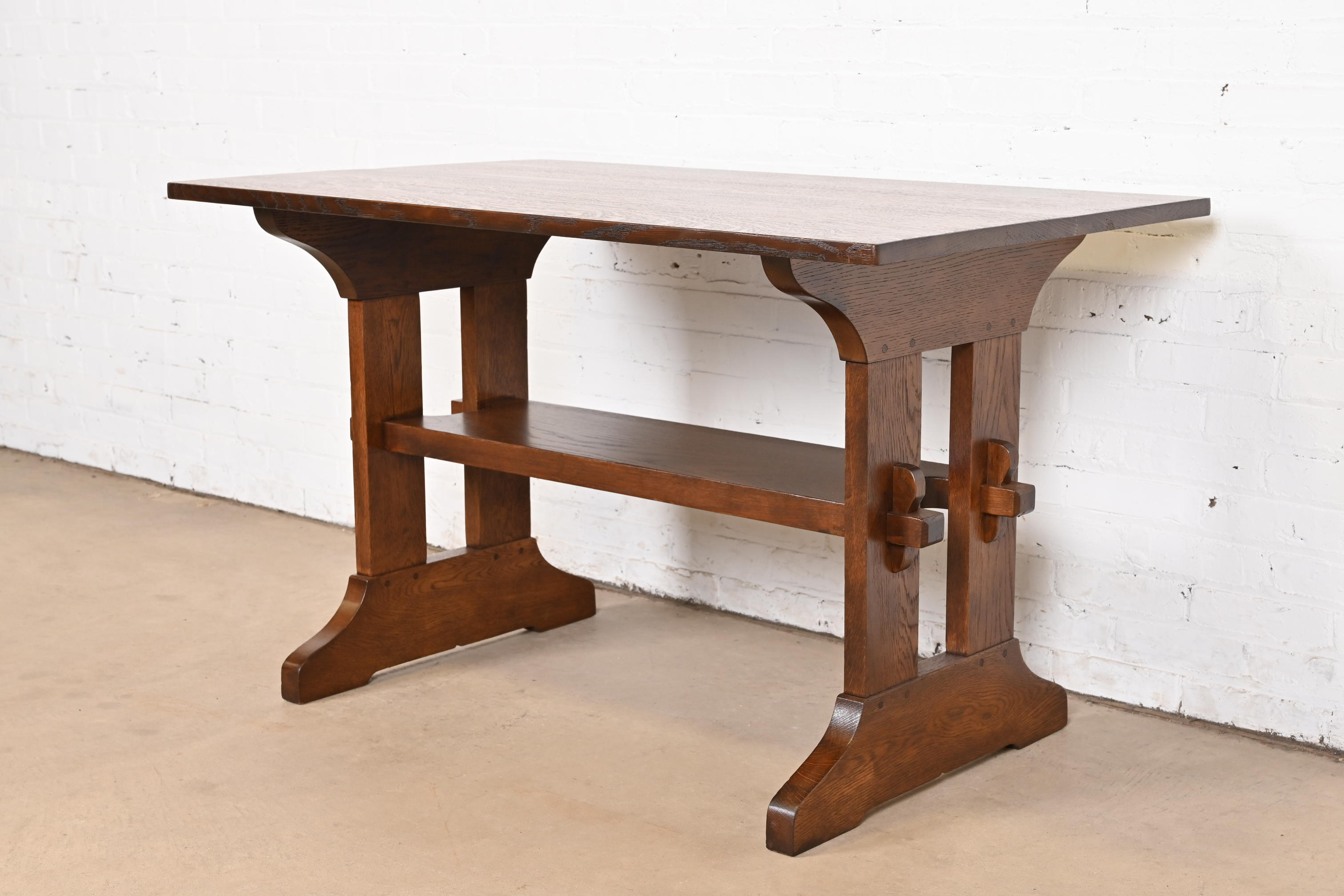 Gustav Stickley Mission Oak Arts & Crafts Trestle Library Table or Writing Desk, Newly Refinished - Image 2