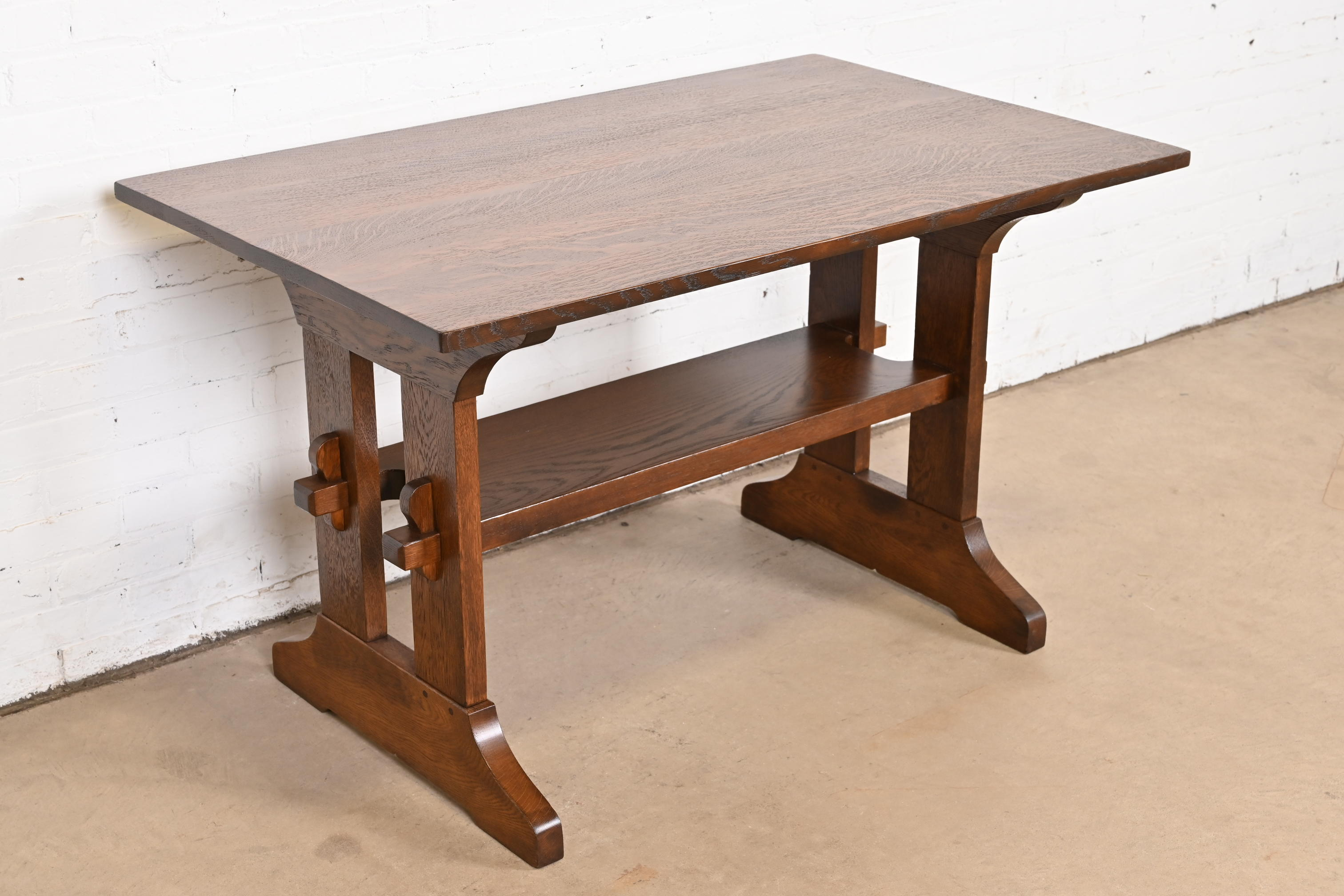 Gustav Stickley Mission Oak Arts & Crafts Trestle Library Table or Writing Desk, Newly Refinished