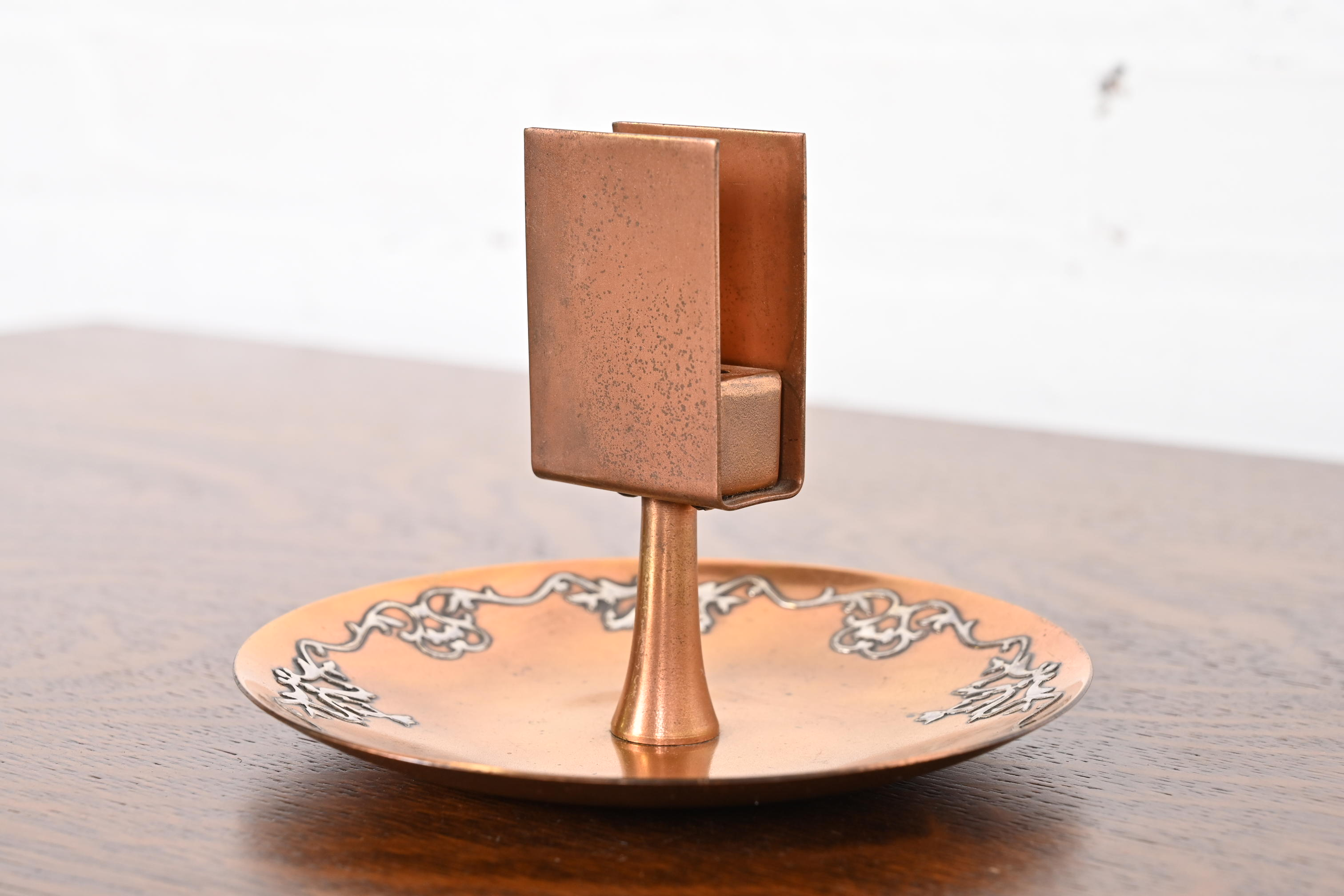 Heintz Arts & Crafts Sterling Silver on Bronze Ashtray With Match Box Holder - Image 2