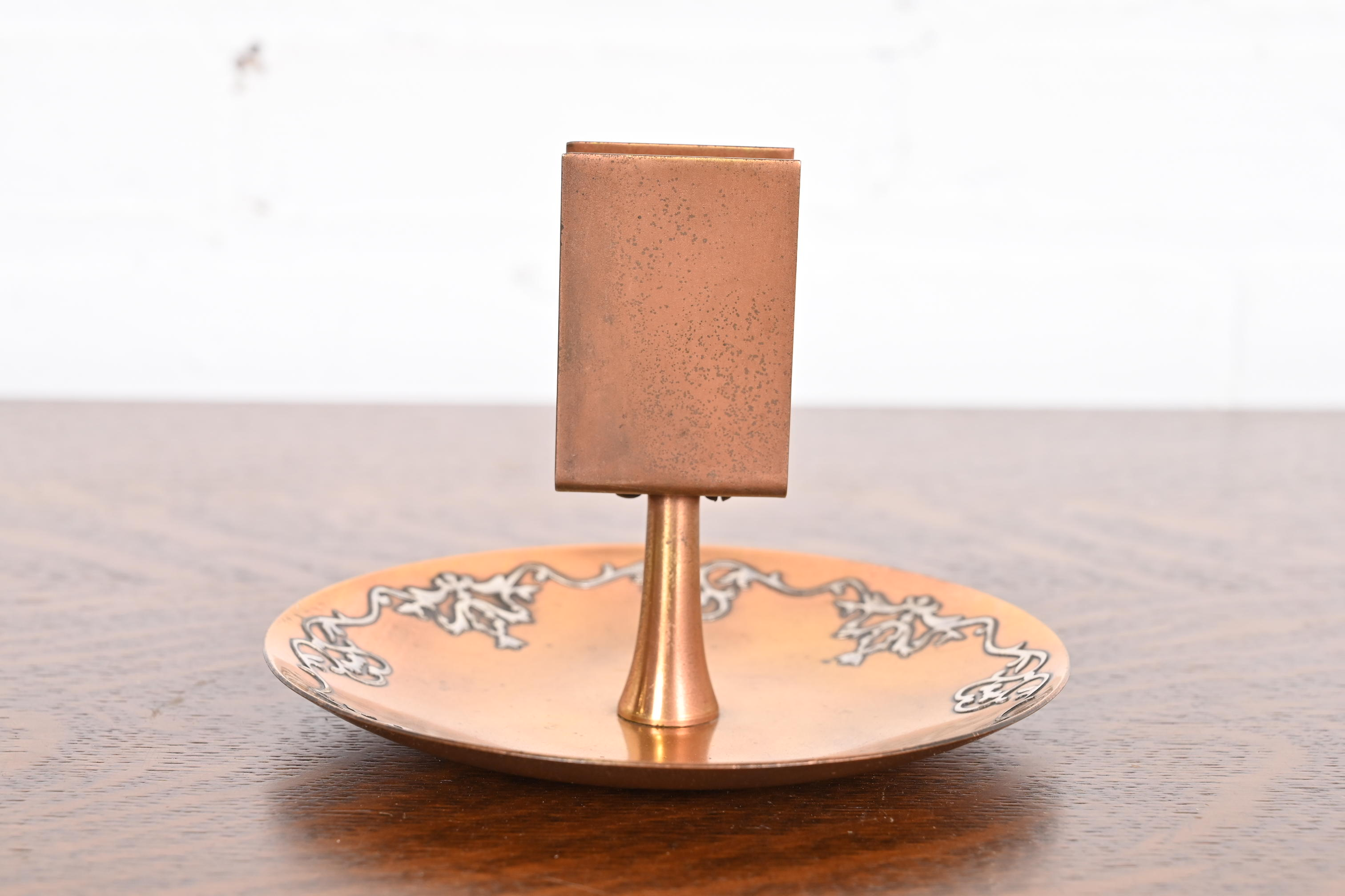 Heintz Arts & Crafts Sterling Silver on Bronze Ashtray With Match Box Holder - Image 3