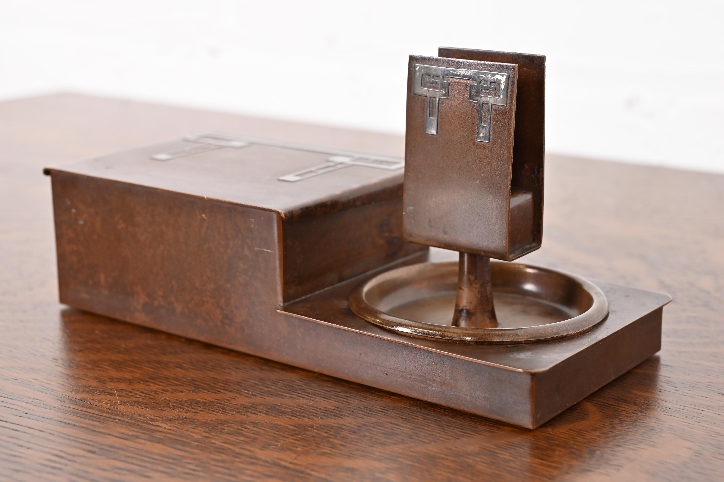 Heintz Arts & Crafts Sterling Silver on Bronze Humidor Box and Ashtrays With Match Box Holder - Image 2