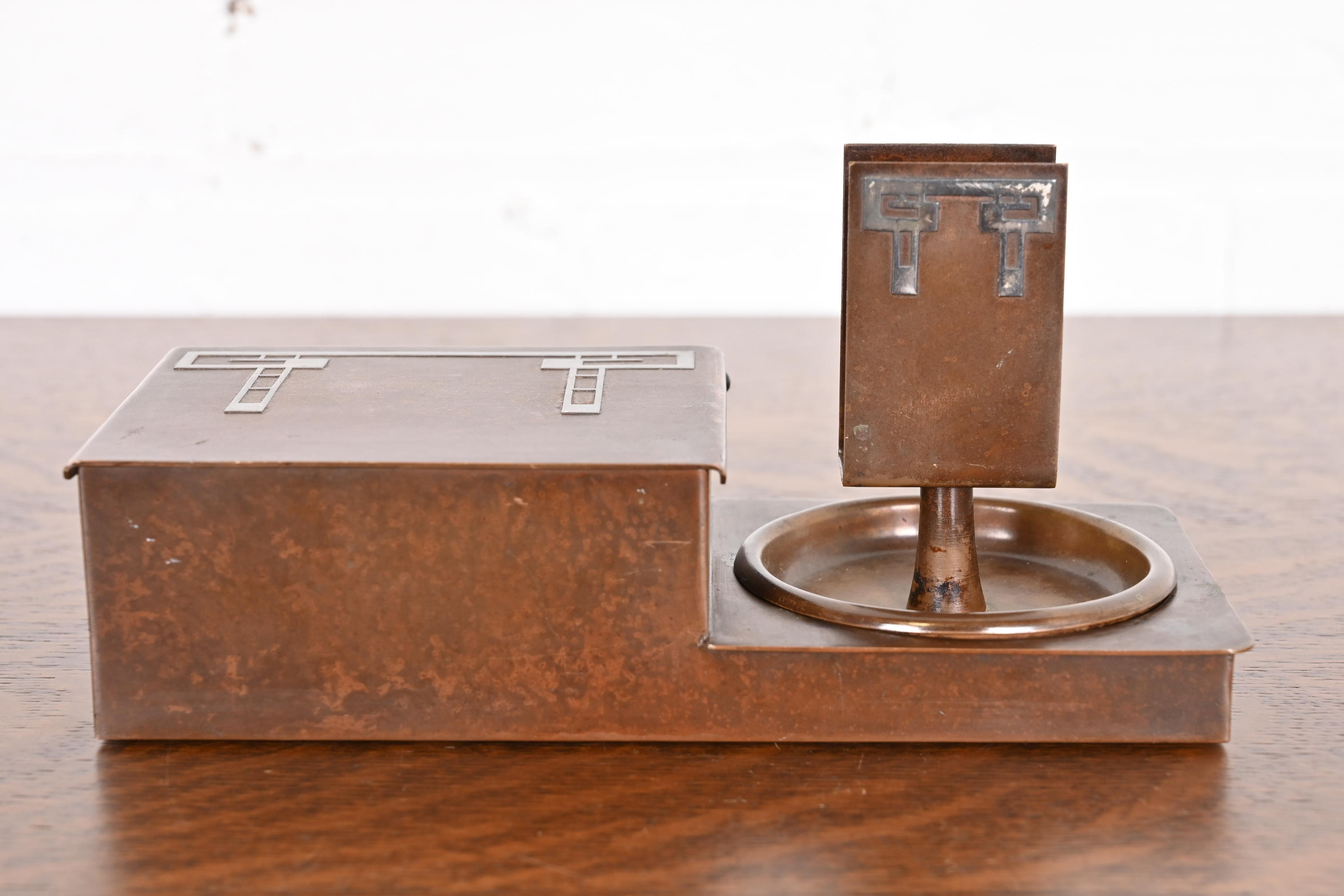 Heintz Arts & Crafts Sterling Silver on Bronze Humidor Box and Ashtrays With Match Box Holder - Image 4