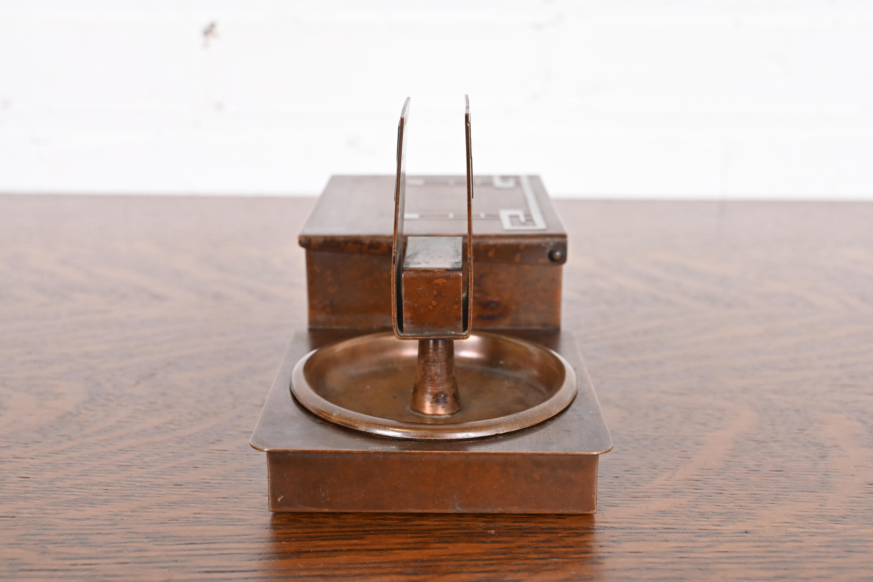 Heintz Arts & Crafts Sterling Silver on Bronze Humidor Box and Ashtrays With Match Box Holder - Image 8
