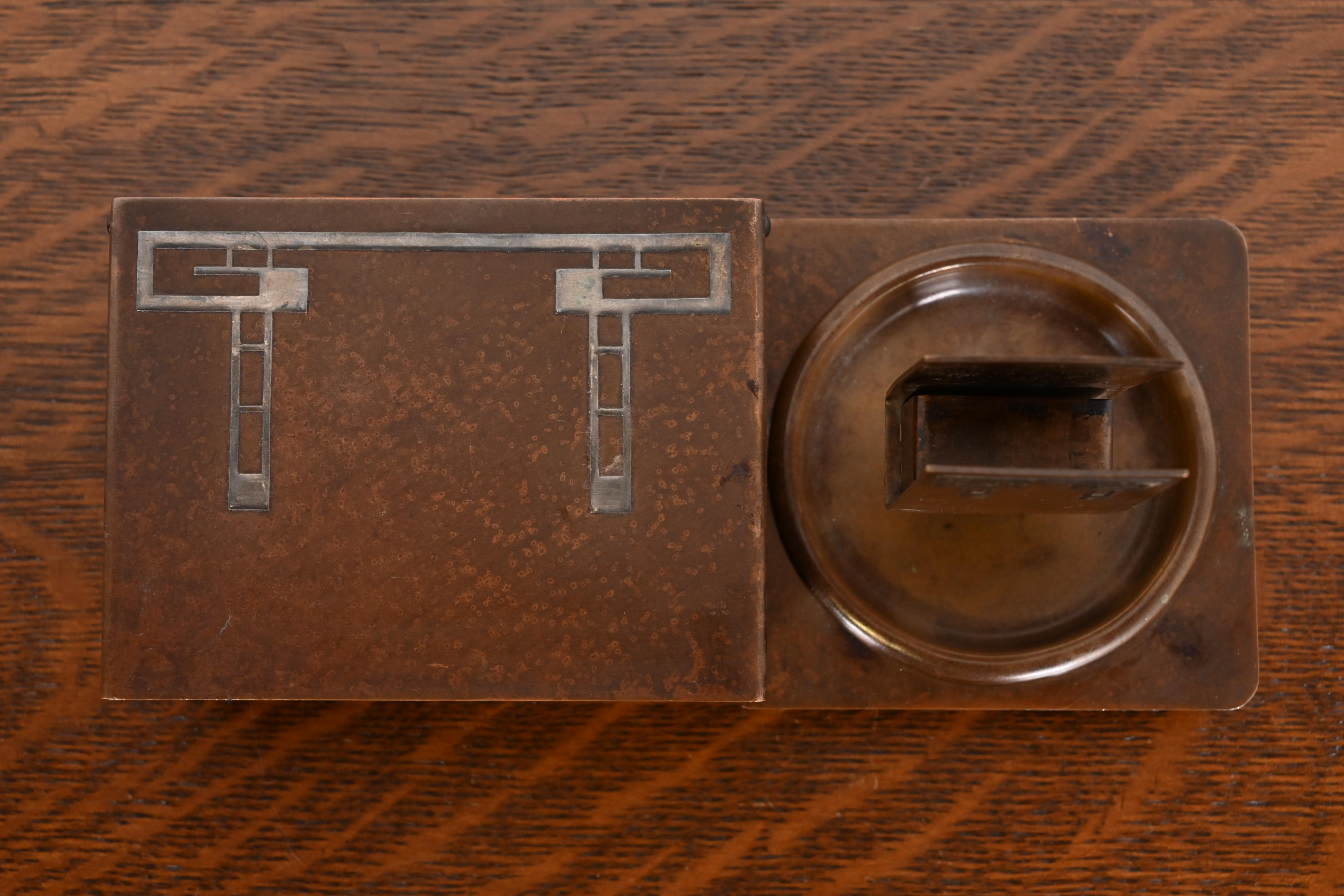 Heintz Arts & Crafts Sterling Silver on Bronze Humidor Box and Ashtrays With Match Box Holder - Image 5