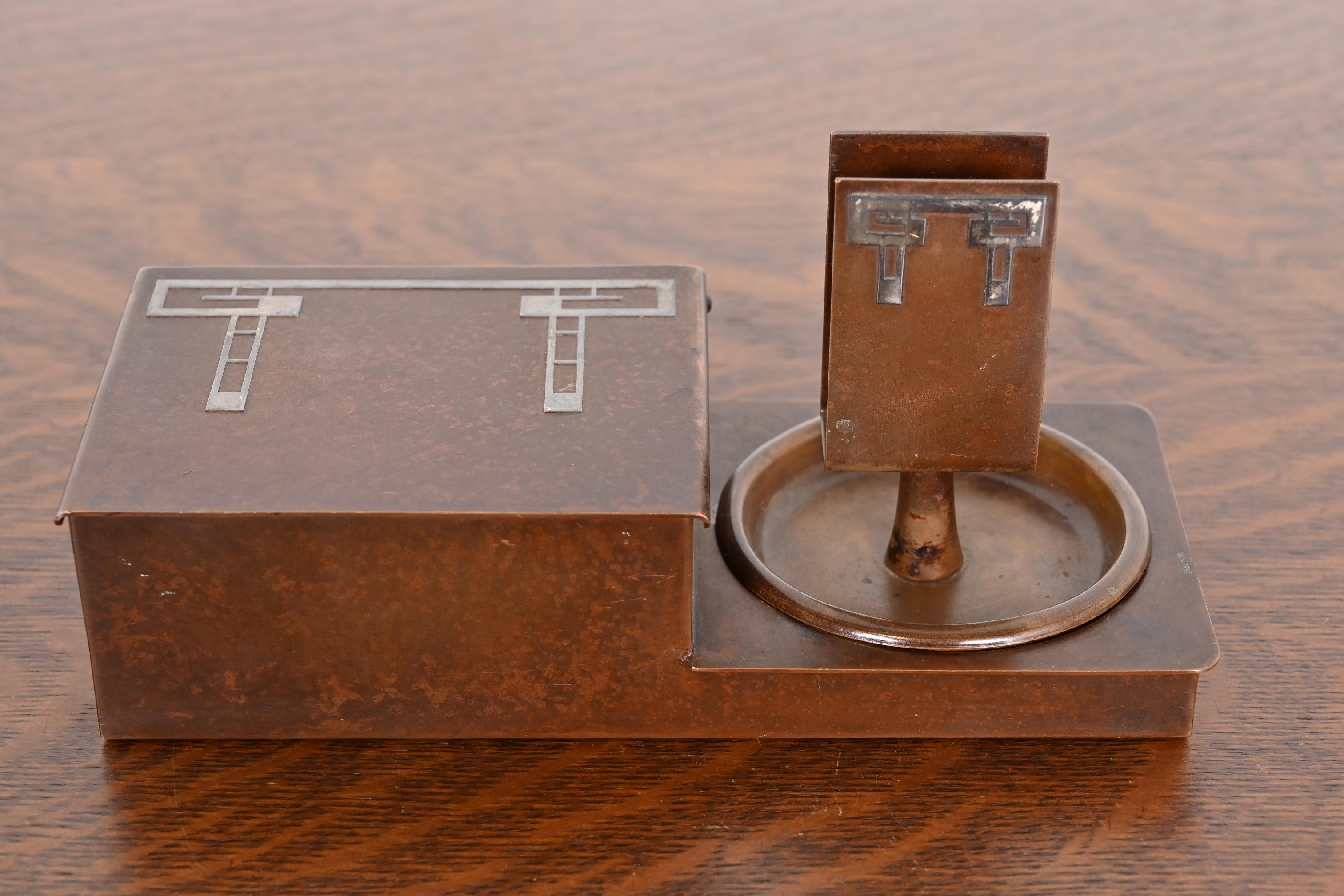 Heintz Arts & Crafts Sterling Silver on Bronze Humidor Box and Ashtrays With Match Box Holder - Image 3