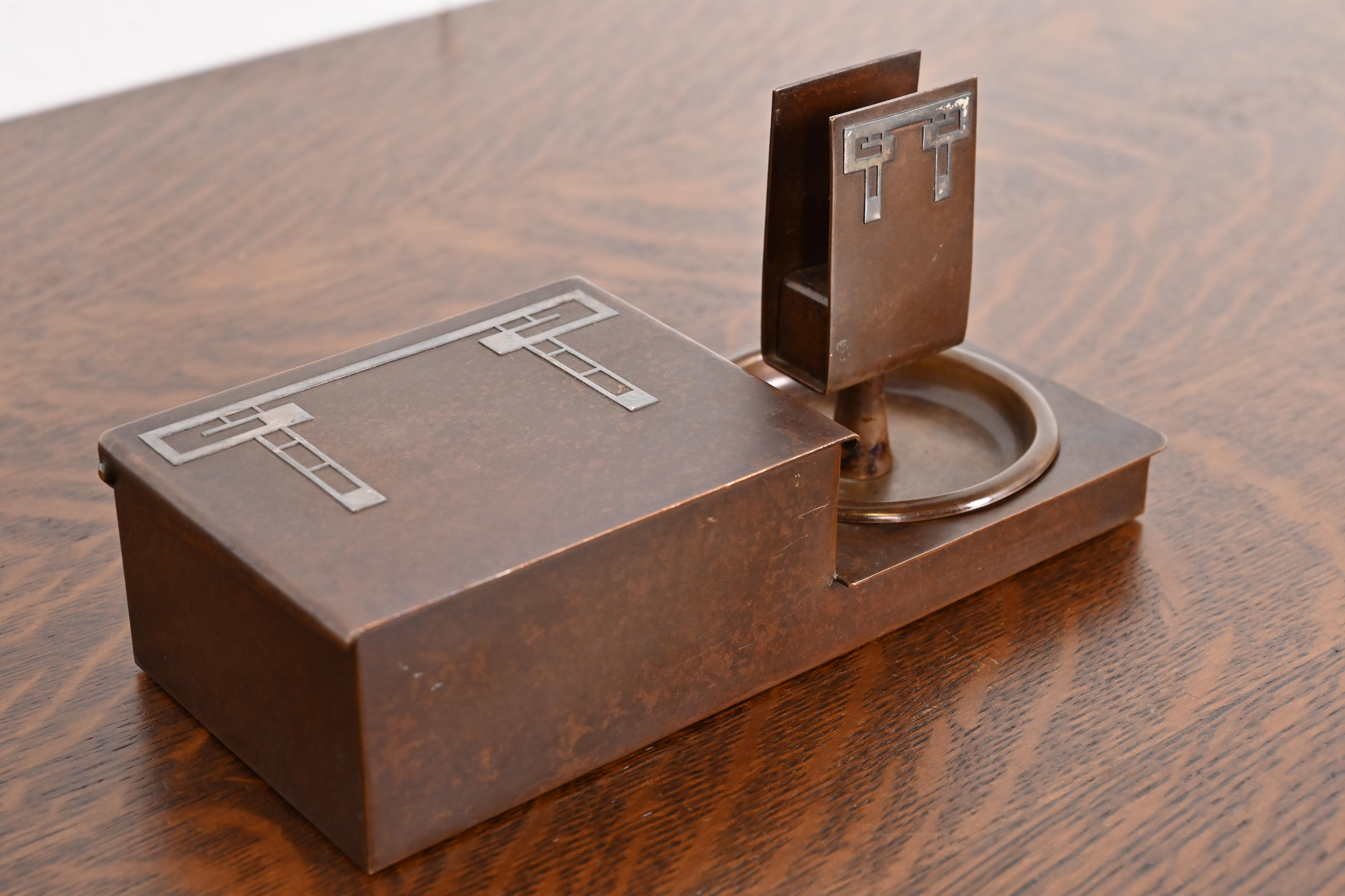 Heintz Arts & Crafts Sterling Silver on Bronze Humidor Box and Ashtrays With Match Box Holder