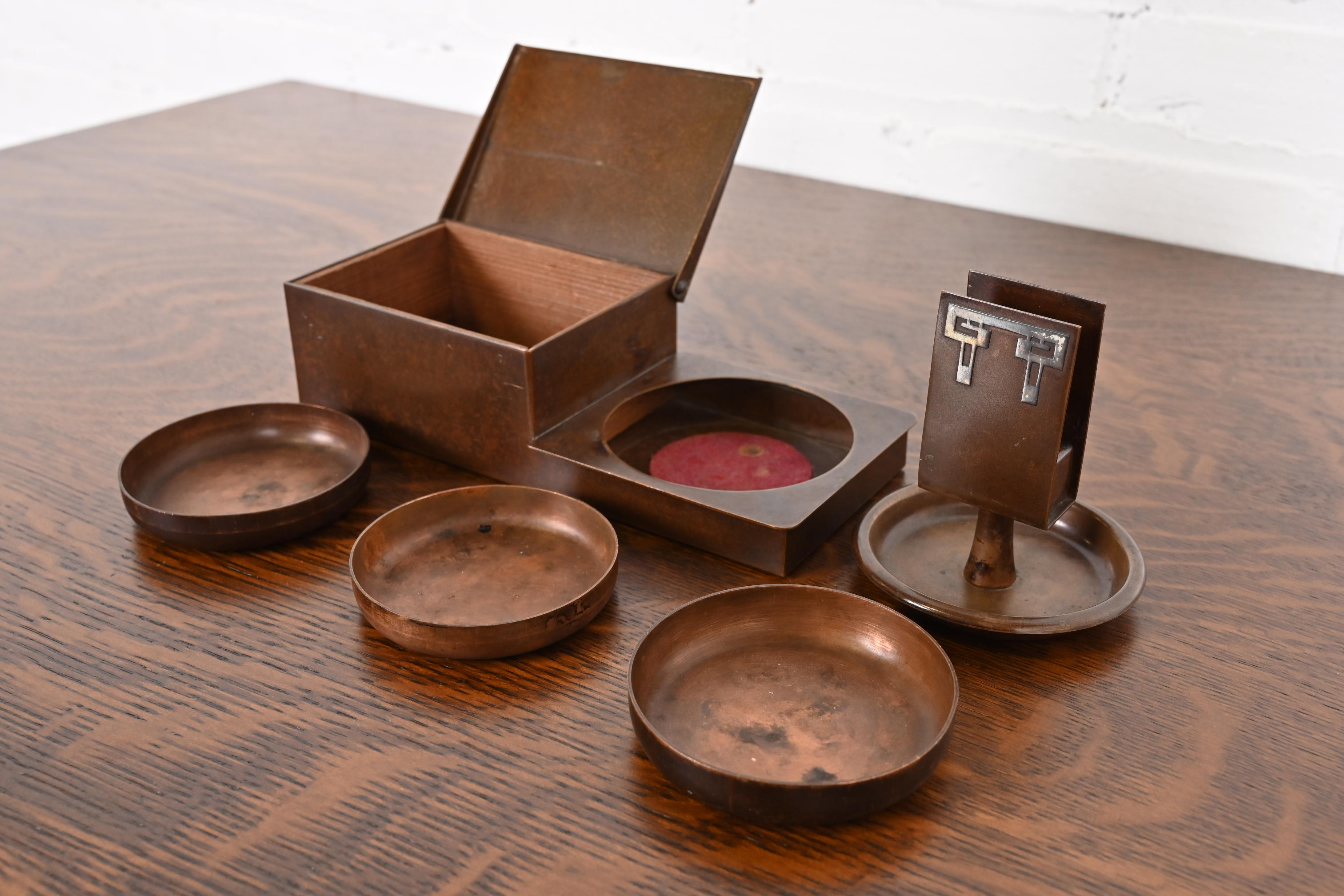 Heintz Arts & Crafts Sterling Silver on Bronze Humidor Box and Ashtrays With Match Box Holder - Image 7