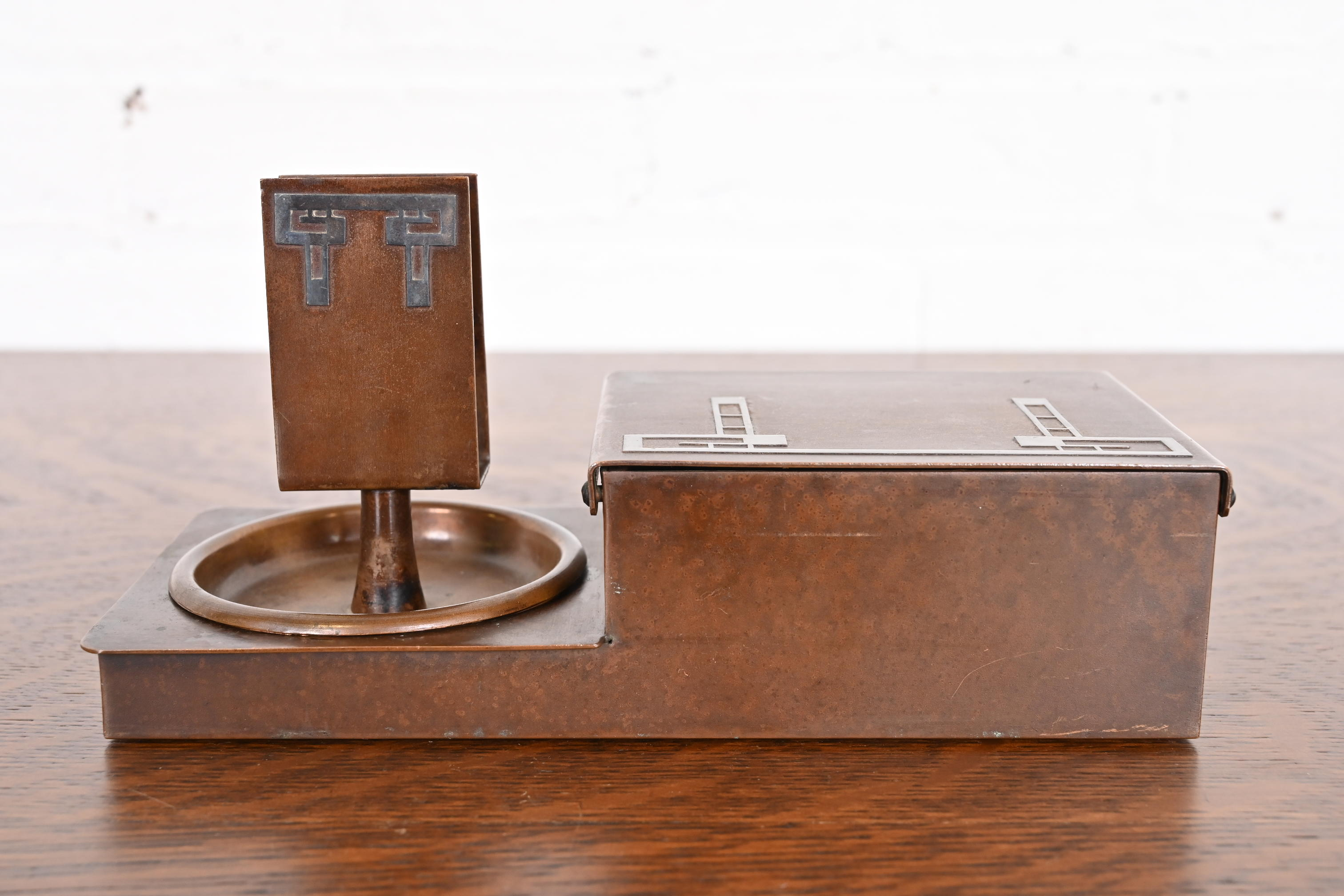 Heintz Arts & Crafts Sterling Silver on Bronze Humidor Box and Ashtrays With Match Box Holder - Image 9