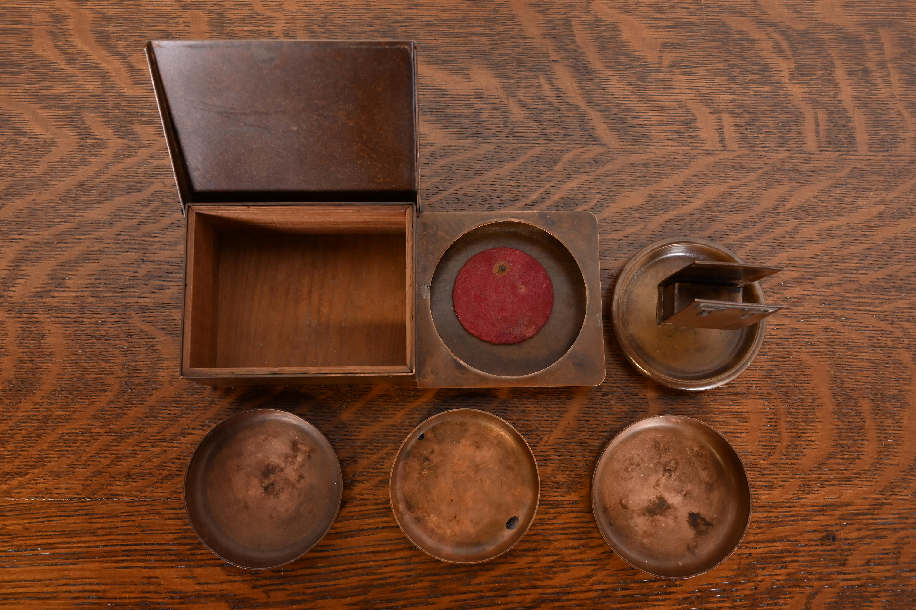 Heintz Arts & Crafts Sterling Silver on Bronze Humidor Box and Ashtrays With Match Box Holder - Image 6