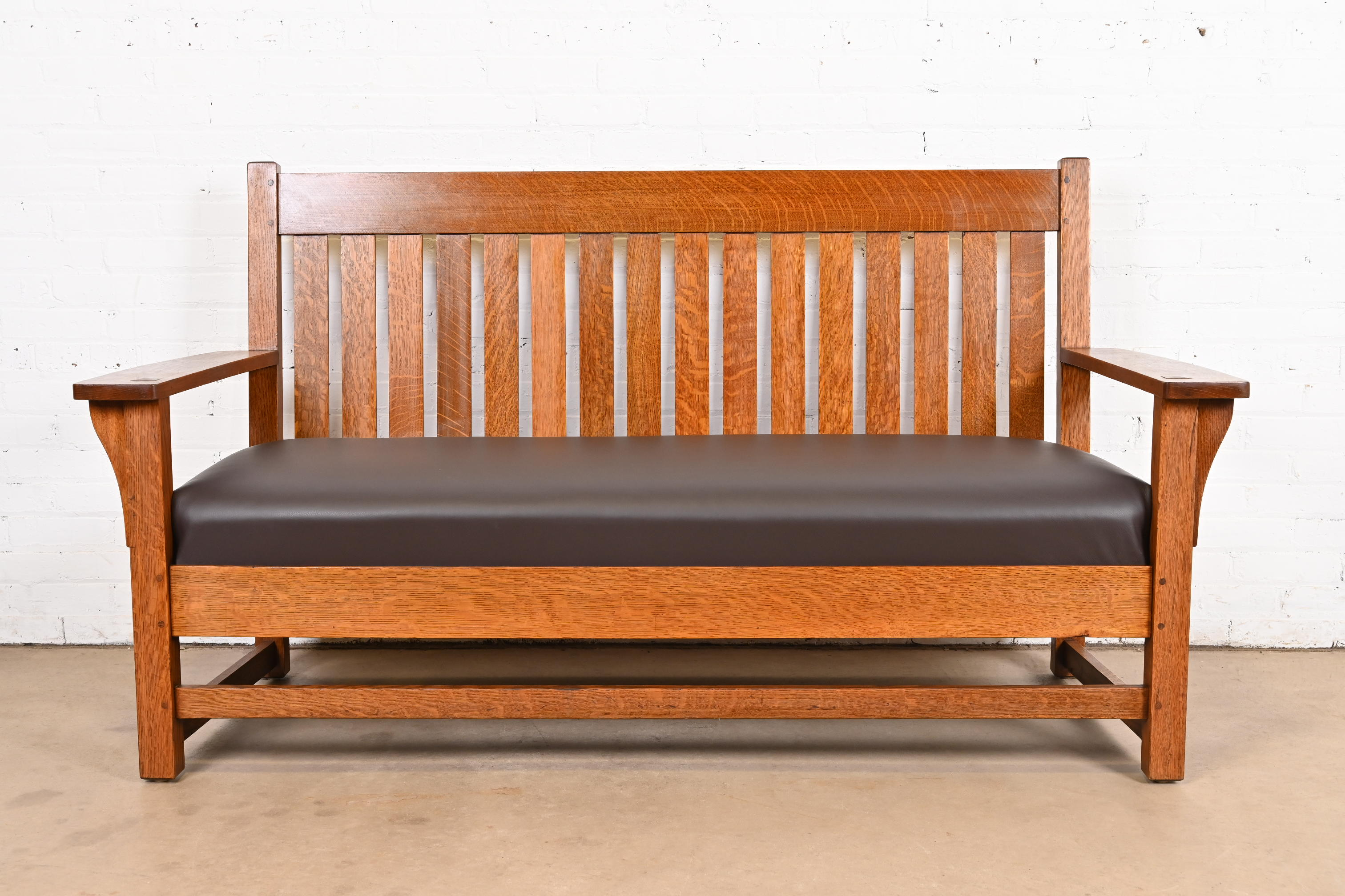 L. & J. G. Stickley Antique Mission Oak Arts & Crafts Open Arm Settee or Loveseat, Circa 1900