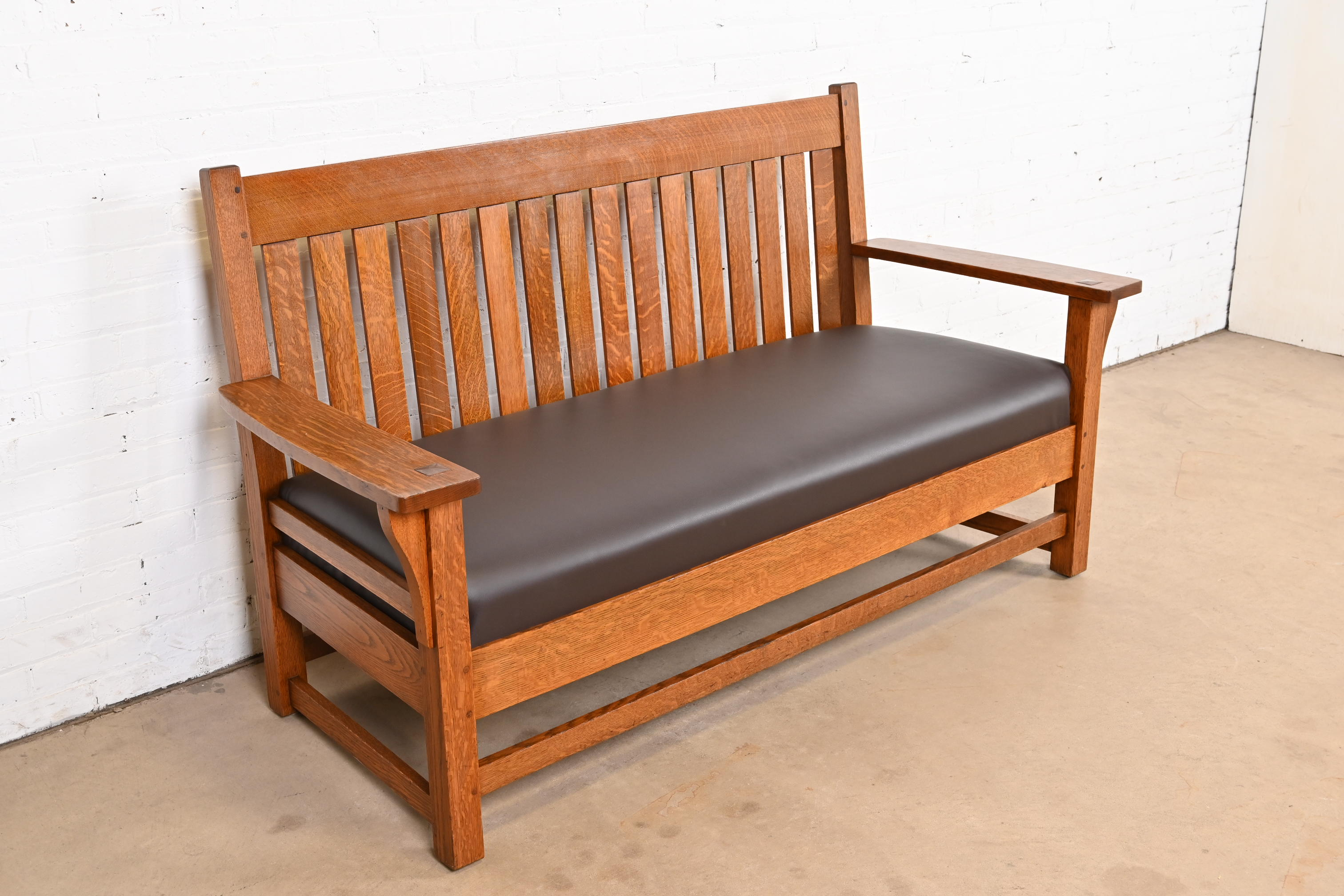 L. & J. G. Stickley Antique Mission Oak Arts & Crafts Open Arm Settee or Loveseat, Circa 1900 - Image 4