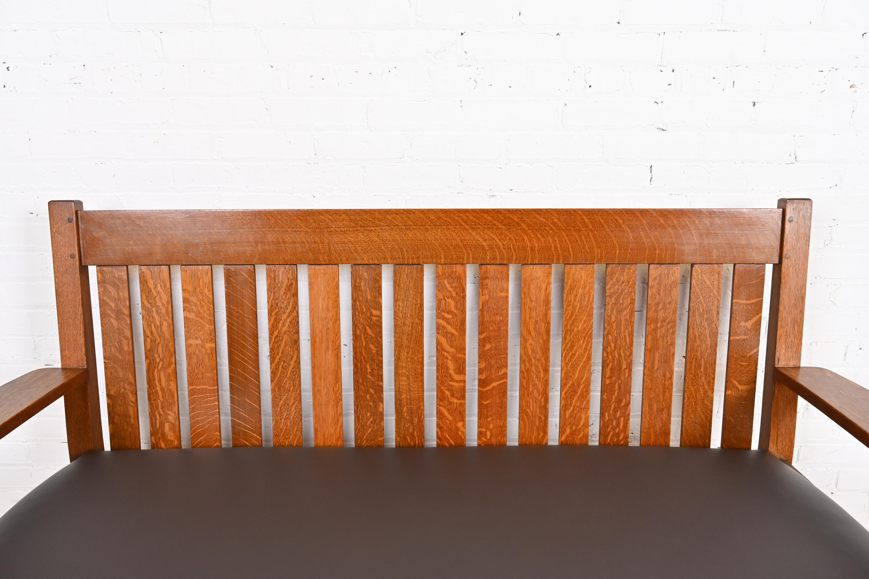 L. & J. G. Stickley Antique Mission Oak Arts & Crafts Open Arm Settee or Loveseat, Circa 1900 - Image 7