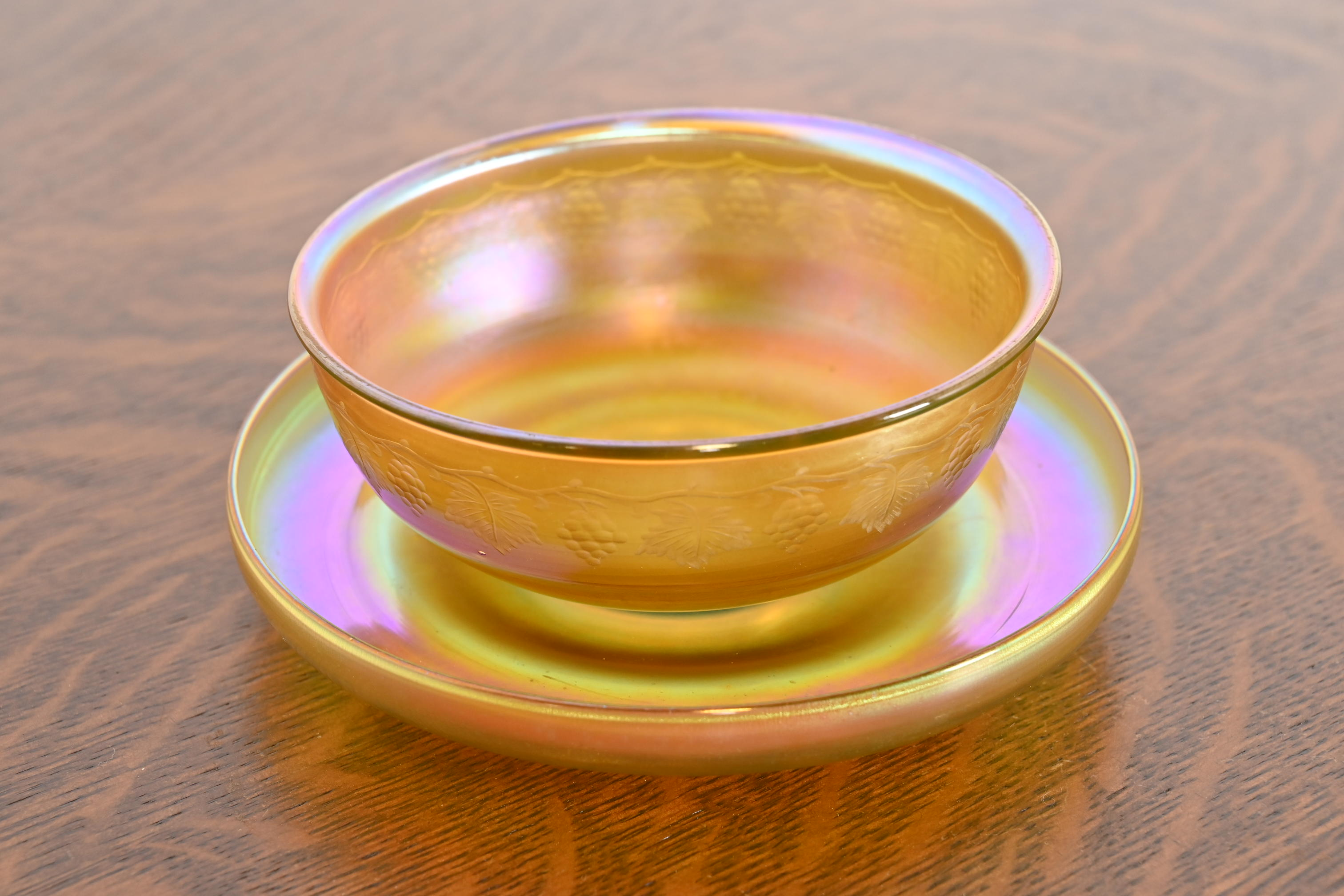 Louis Comfort Tiffany Favrile Iridescent Art Glass Bowl and Underplate With Intaglio Grapevine Motif
