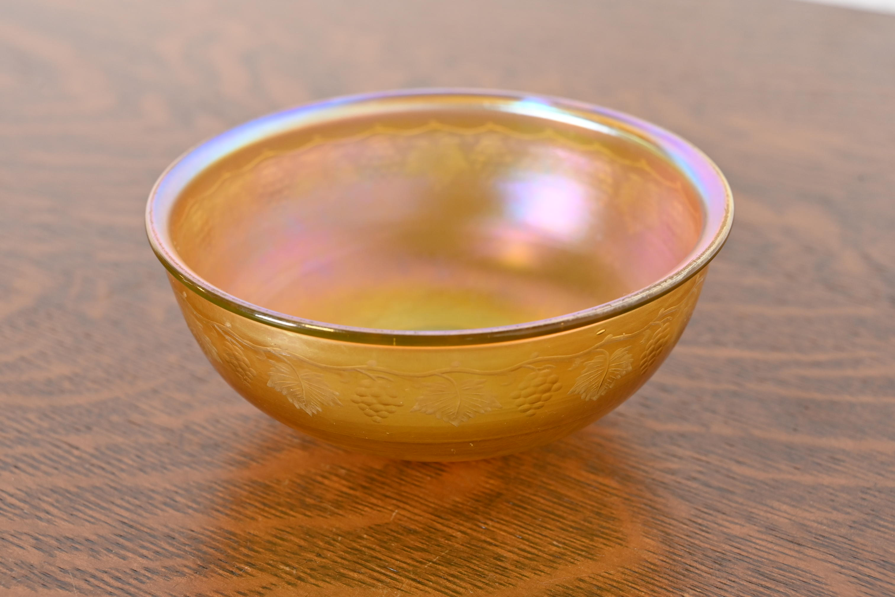 Louis Comfort Tiffany Favrile Iridescent Art Glass Bowl With Intaglio Grapevine Motif