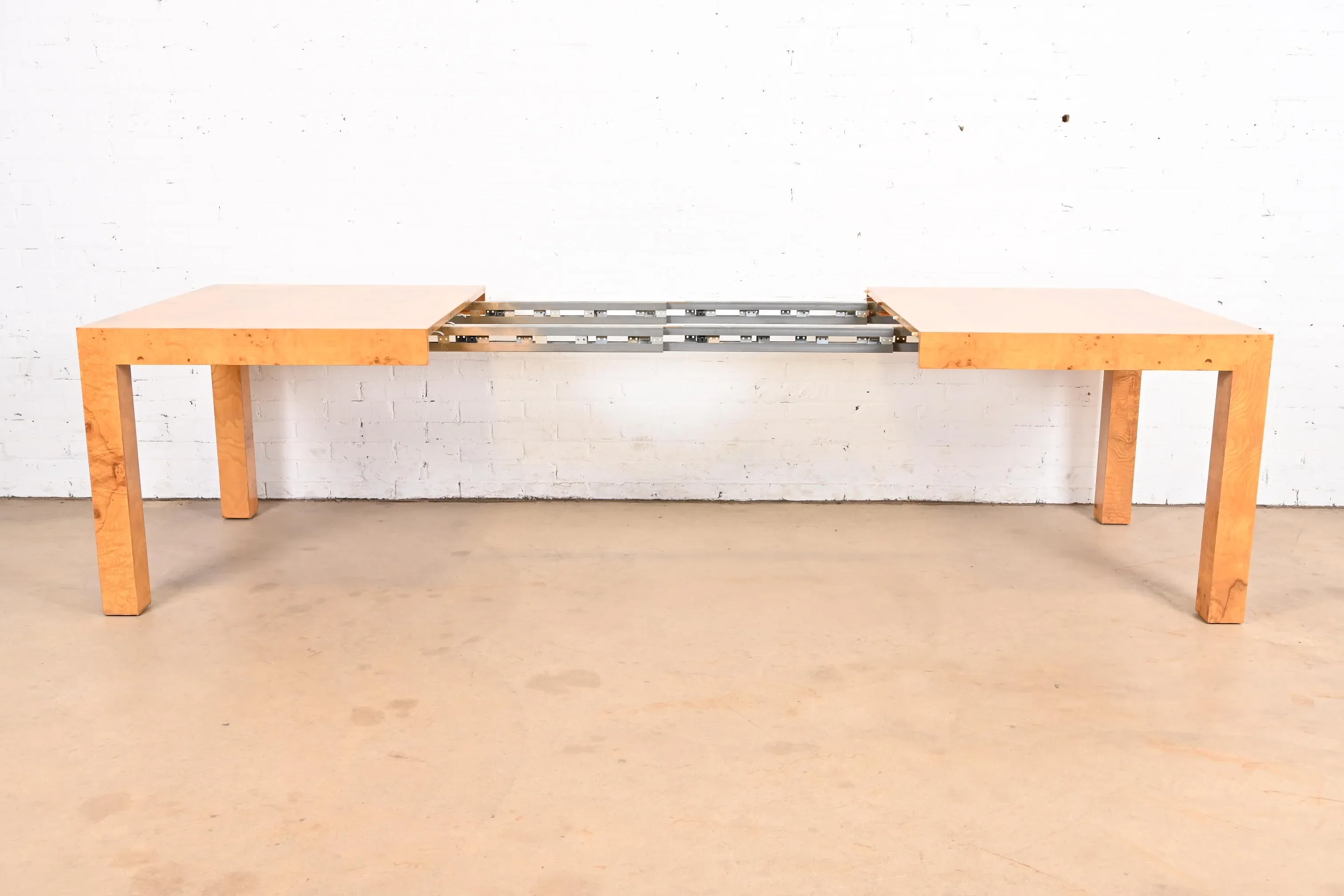Milo Baughman for Thayer Coggin Mid-Century Modern Burl Wood Parsons Extension Dining Table, Newly Refinished - Image 5