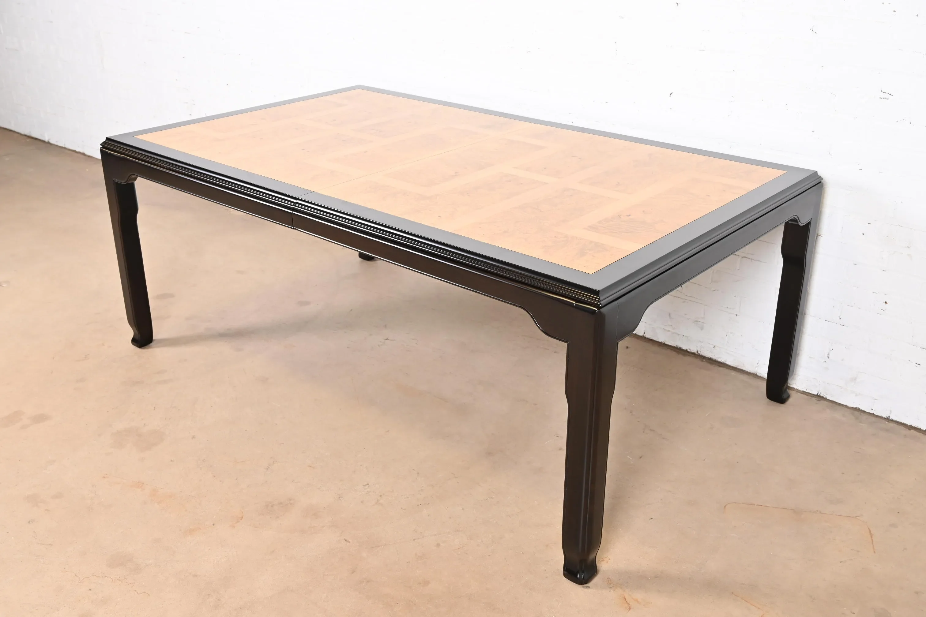 Raymond Sobota for Century Furniture Hollywood Regency Chinoiserie Burl Wood and Black Lacquer Extension Dining Table, Newly Refinished - Image 7