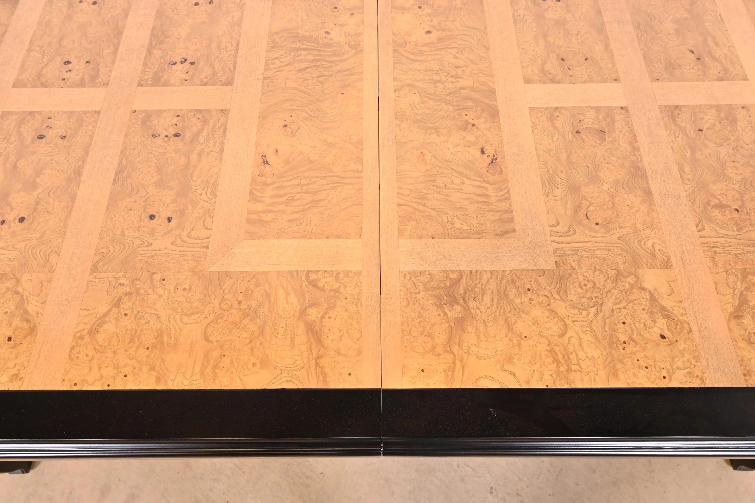 Raymond Sobota for Century Furniture Hollywood Regency Chinoiserie Burl Wood and Black Lacquer Extension Dining Table, Newly Refinished - Image 9